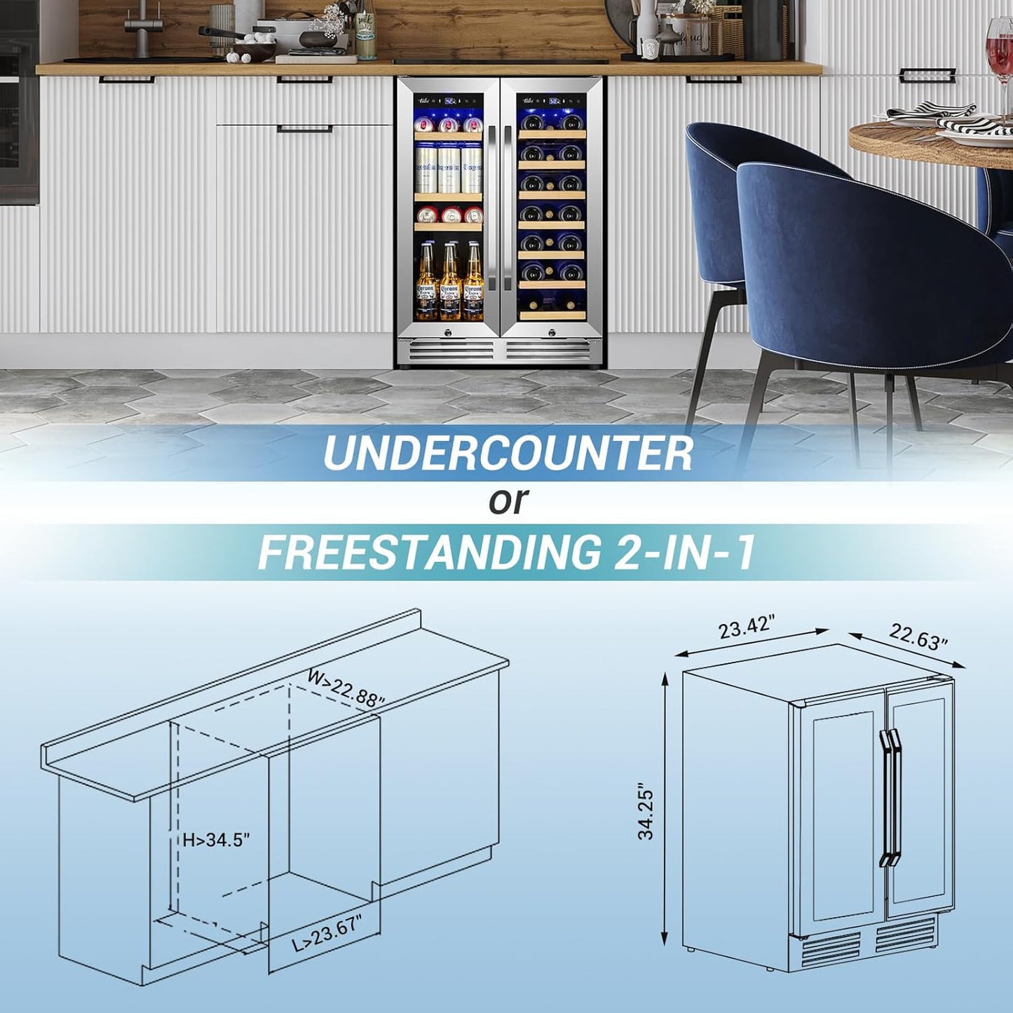 Wine and Beverage Refrigerator Under Counter, 24 Inch Beverage Fridge Dual Zone with Glass Door, Built In Beverage Cooler with Increase Capacity Space, Advanced Cooling System
