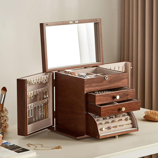 Black Walnut Wooden Jewelry Box, Wood Jewelry Organizer with 2 Side Doors Mirror Lockable Classical for Watch Necklace Ring Earring Storage Christmas Gifts-4 Layer with Curved Ring Grooves