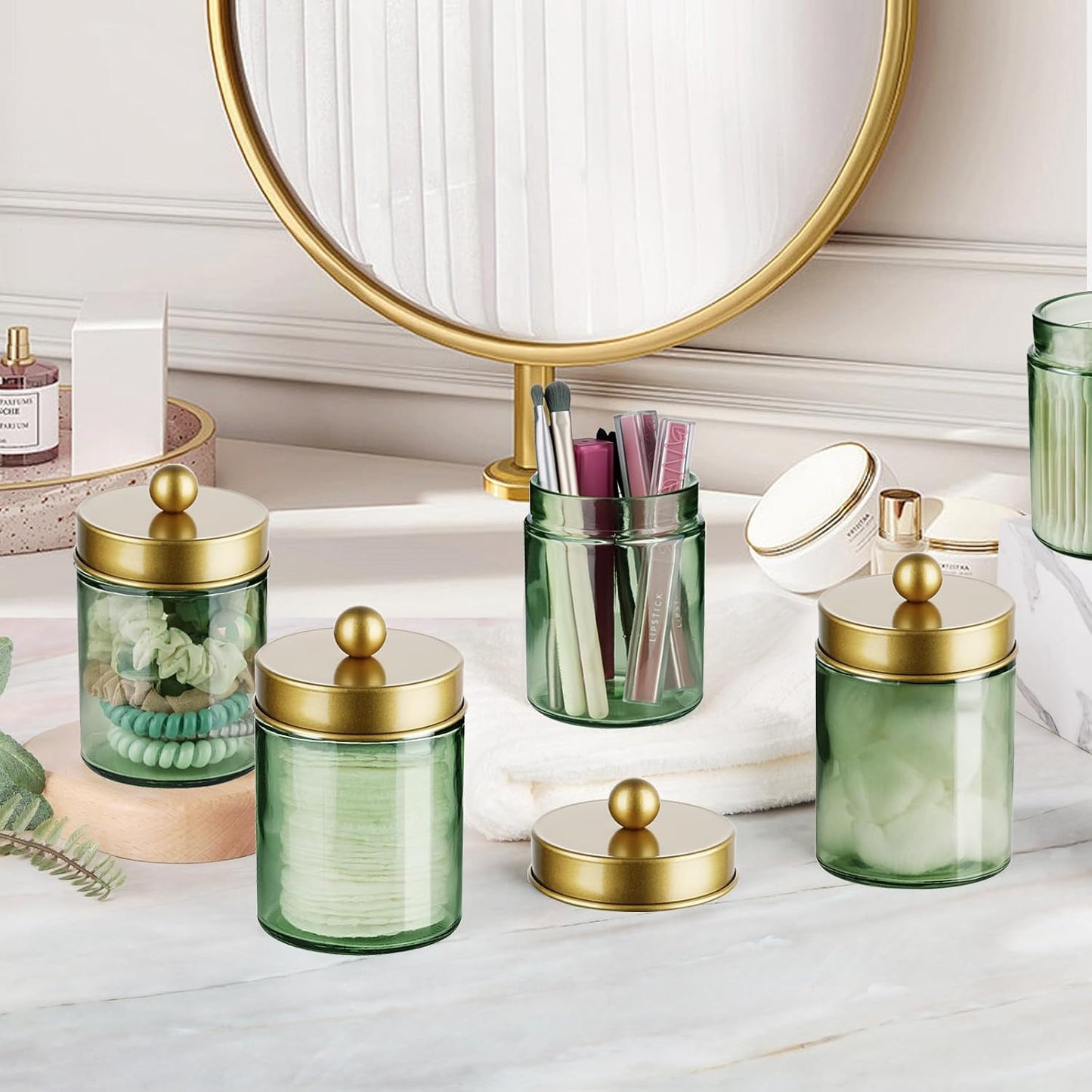 Amolliar Sage Green Qtip Holder, Glass Apothecary Jar Metal Lid & Stickers, Bathroom Qtip Holder Storage Canister, Farmhouse Decor for Cotton Balls, Swabs, Round Pads, Bath Salt, Floss, Gold 2 Pack