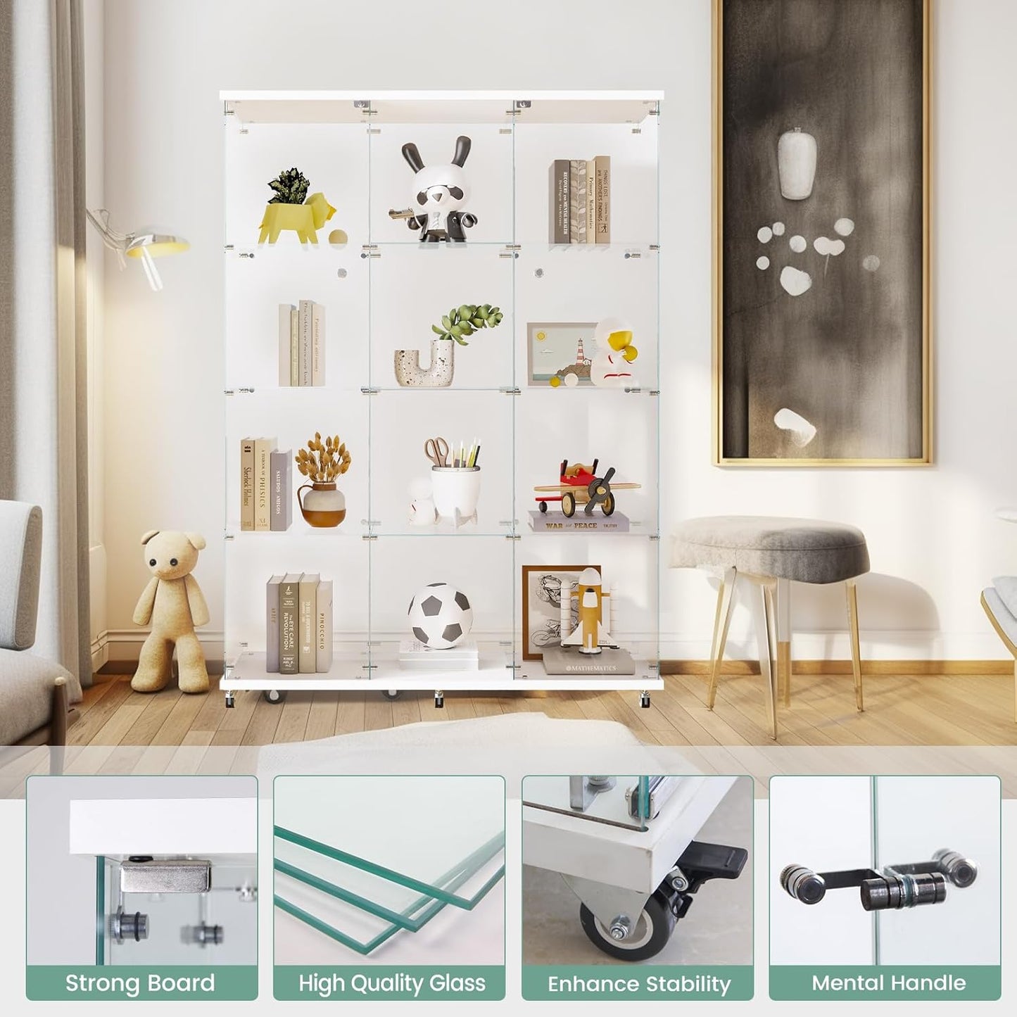 Beauty4U Glass Display Cabinet with 12 Shelves, Extra Large 3 Columns 2 Doors Curio Cabinets for Living Room, Bedroom, Office, White Floor Standing DIY Glass Bookshelf, Quick Installation