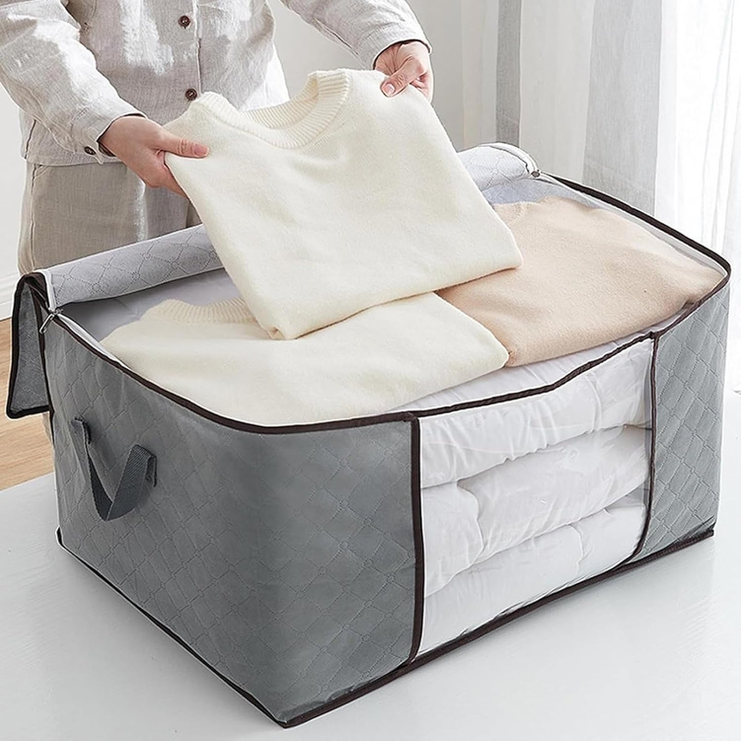 Comforter Storage Bags - Extra Large Clothes Bins, Foldable Organizer with Clear Window, Reinforced Handles, Durable Material | ClosetStorage for Bedding, Blankets, Quilts, Seasonal Garments, Home Ac