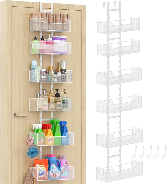 Over The Door Organizer, Metal Hanging Door Organizer with 6 Adjustable Baskets and 5 Hooks, Behind The Door Storage for Closet Pantry Cabinet Kitchen Bathroom Bedroom, White