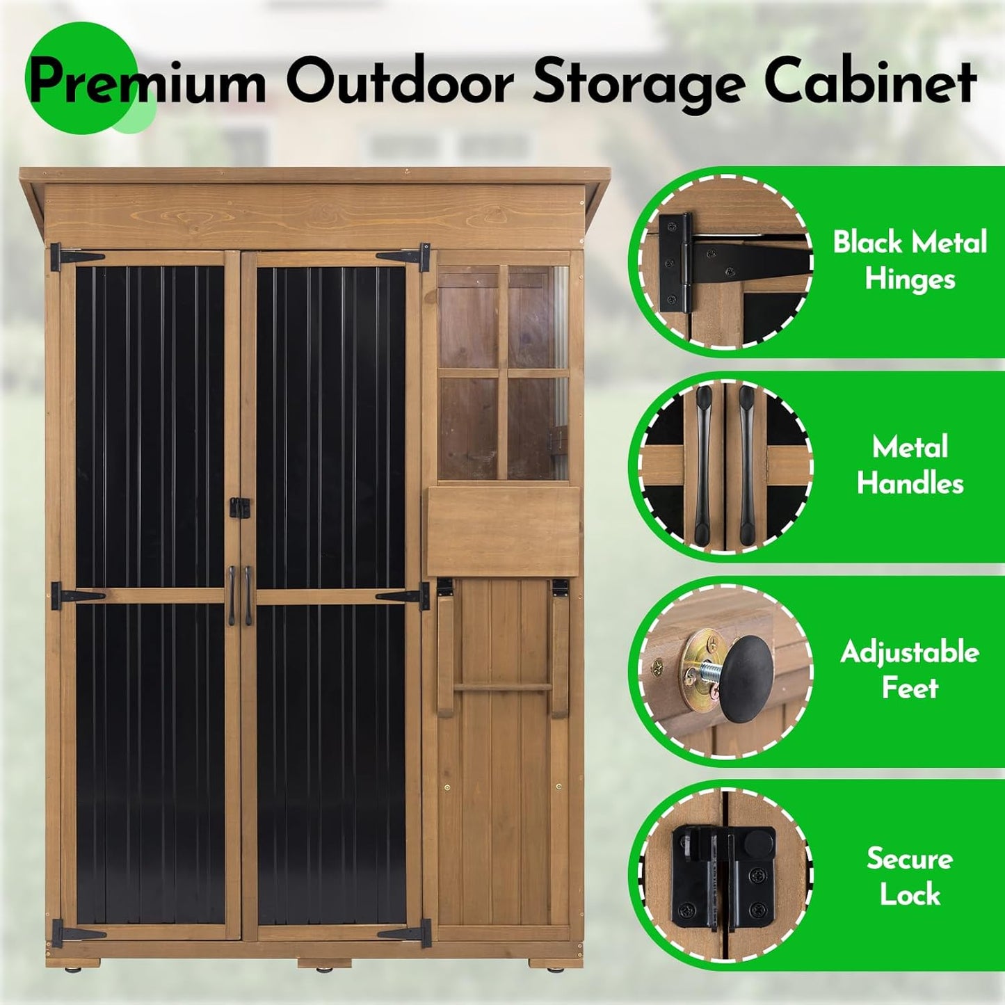 Large Storage Shed, Wood & Metal Outdoor Storage Cabinet with External Foldable Table,Waterproof Roof,Three Shelves, Outdoor Cabinets for Patio Backyard, Garden Garage Tool Shed, Brown