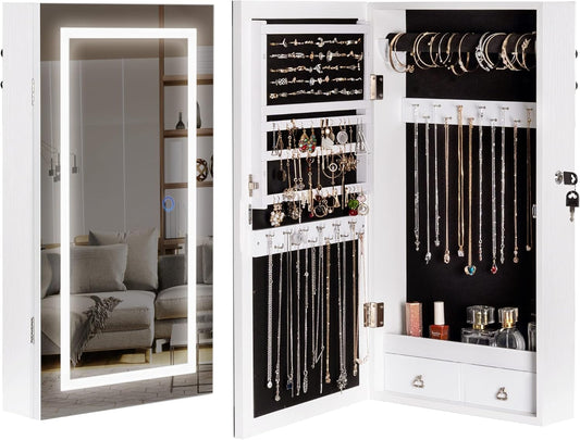 LAVIEVERT Jewelry Armoire with LED Lighted Mirror, Wall/Door Mounted Frameless Mirror with 3 Color Lights, Lockable Jewelry Cabinet Hanging Jewelry Organizer with 2 Drawers - White