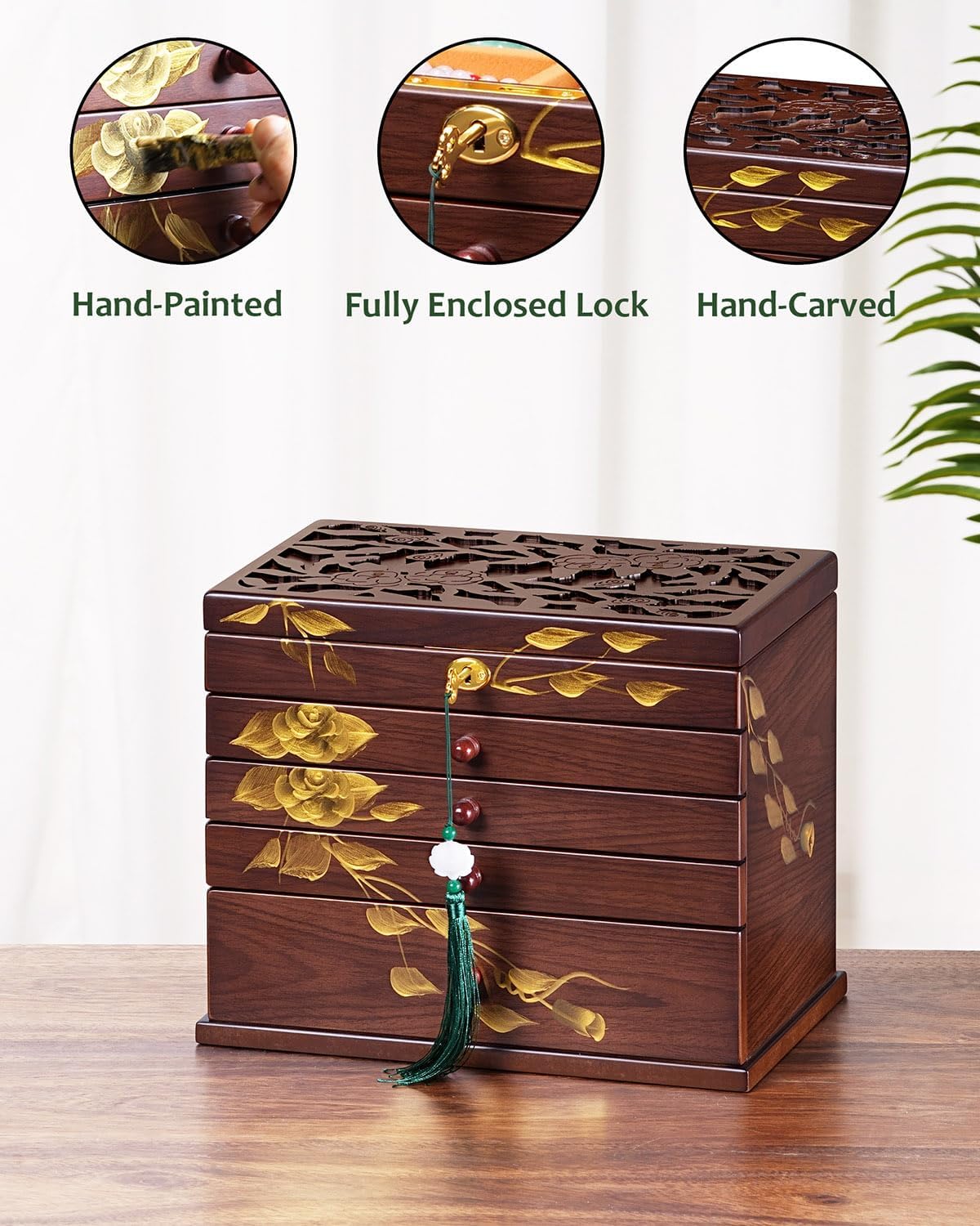 Hand-drawn rose Jewelry Box Wood for Wowen,6-Layer Wooden Jewelry Organizer Boxes with 4 Drawers dresser, Vintage Multi-functional Jewelry Storage Case with lock