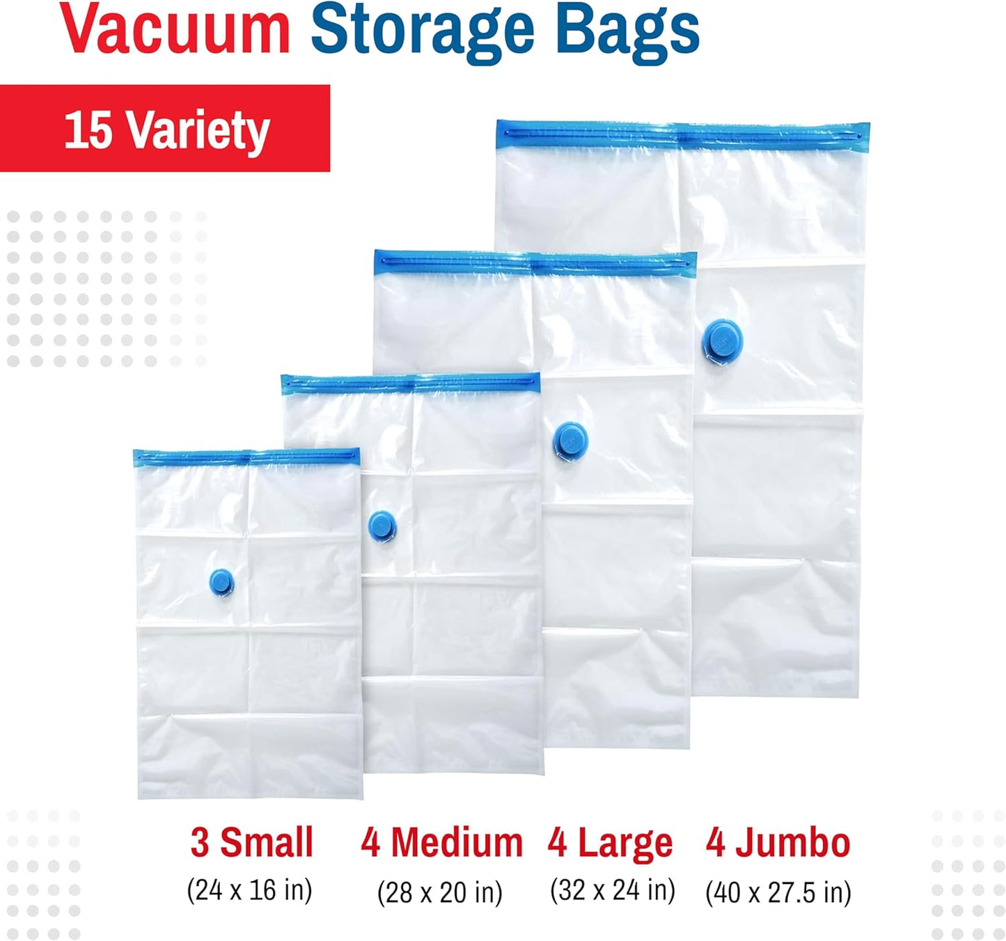 15-Pack Variety Vacuum Storage Bags for Comforters, Blankets & Clothes – Vacuum Sealed Compression Bags with Hand Pump – Space Saver Storage Bags for Bedding,Travel & Organization (3S, 4M, 4L & 4XL)