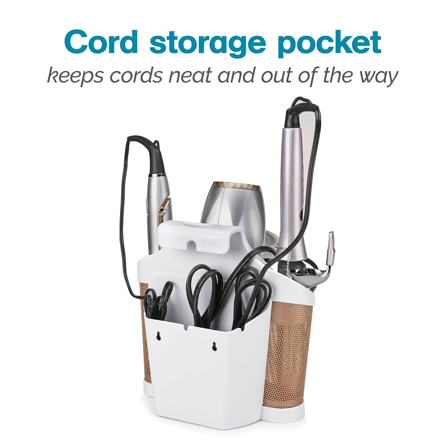 Polder Style Station, Tool Organizer for Hair Dryer, Curling Iron, and Straightener, Easy-to-Store Hair Styling Station, White and Copper