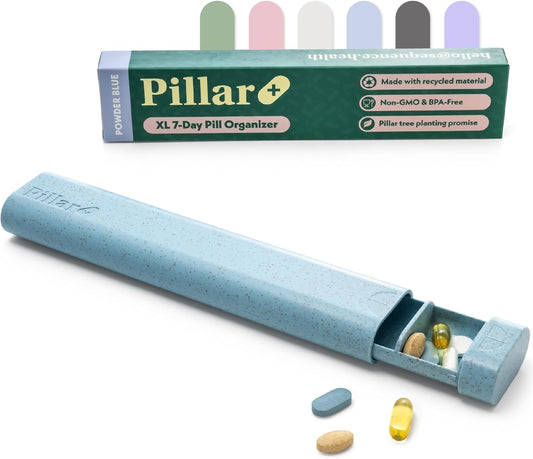 Pillar Plus - Aesthetic 7 XL Day Pill Organizer | BPA-Free Wheat Straw Medicine Case | Pretty Travel & Home Tablet Vitamin Organizer | Cute Weekly Pill Box | Travel Medicine Organizer (Powder Blue)