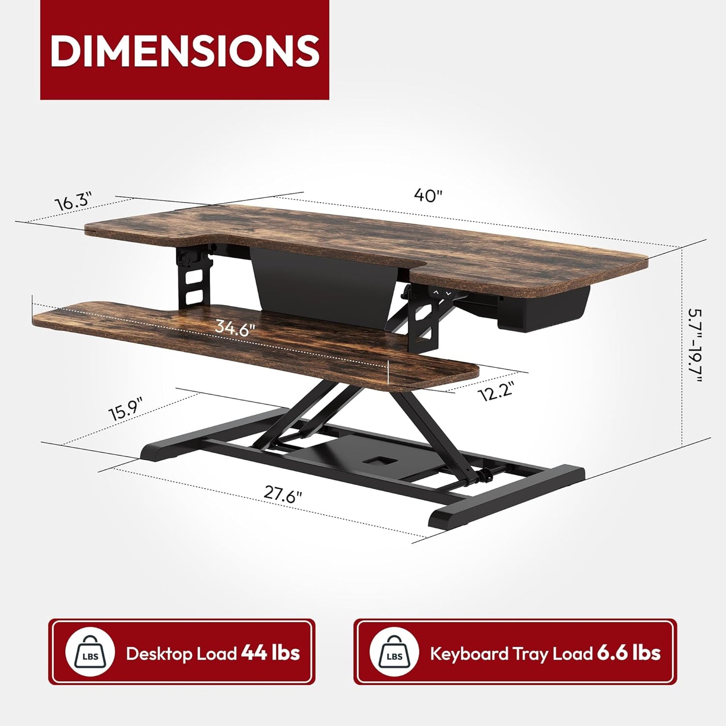 SANODESK Standing Desk Converter with Electric Motor 40" Height Adjustable Riser for Office Home,Dual Monitor and Laptop Workstation with Large Keyboard Tray, Rustic Color