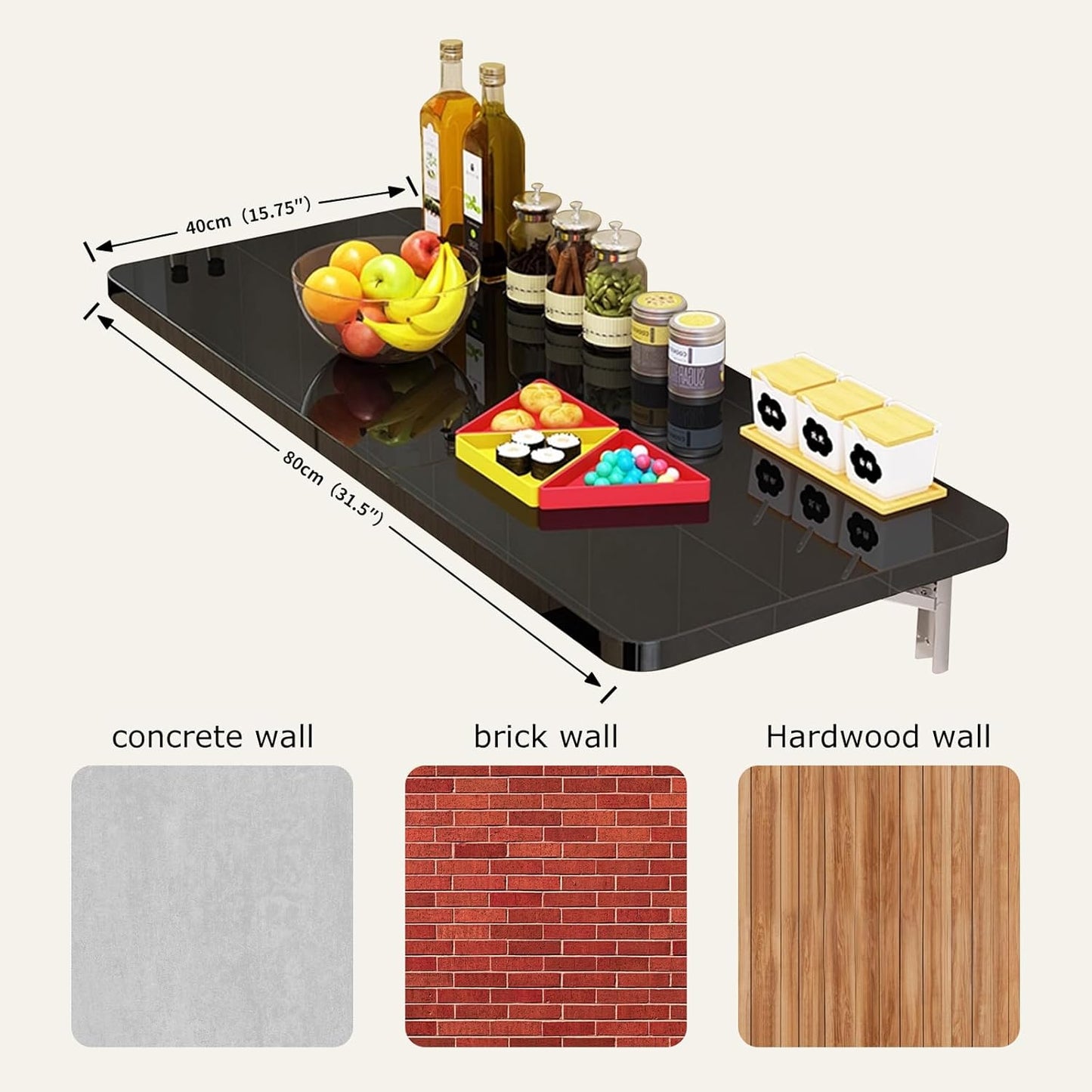 Wall Mounted Folding Wood Table, Folding Table with Heavy Duty Metal for Laundry Collapsible Shelf Brackets, Wall Mounted Desk Fold Down for Small Spaces Black 80 * 40cm/31.5”*15.7”