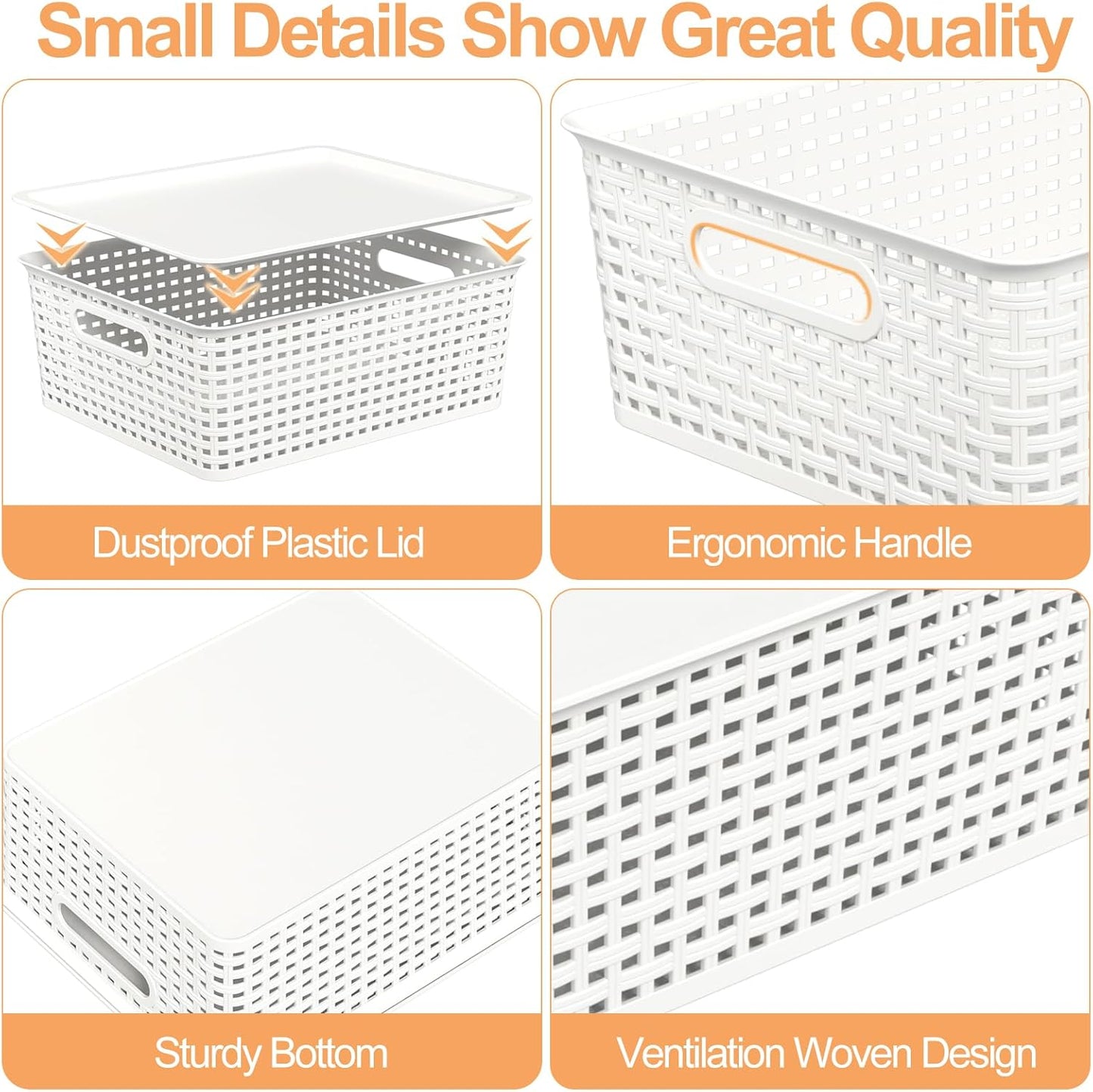 Wekioger Plastic Woven Baskets with Lids, Large White Storage Basket, Set of 6