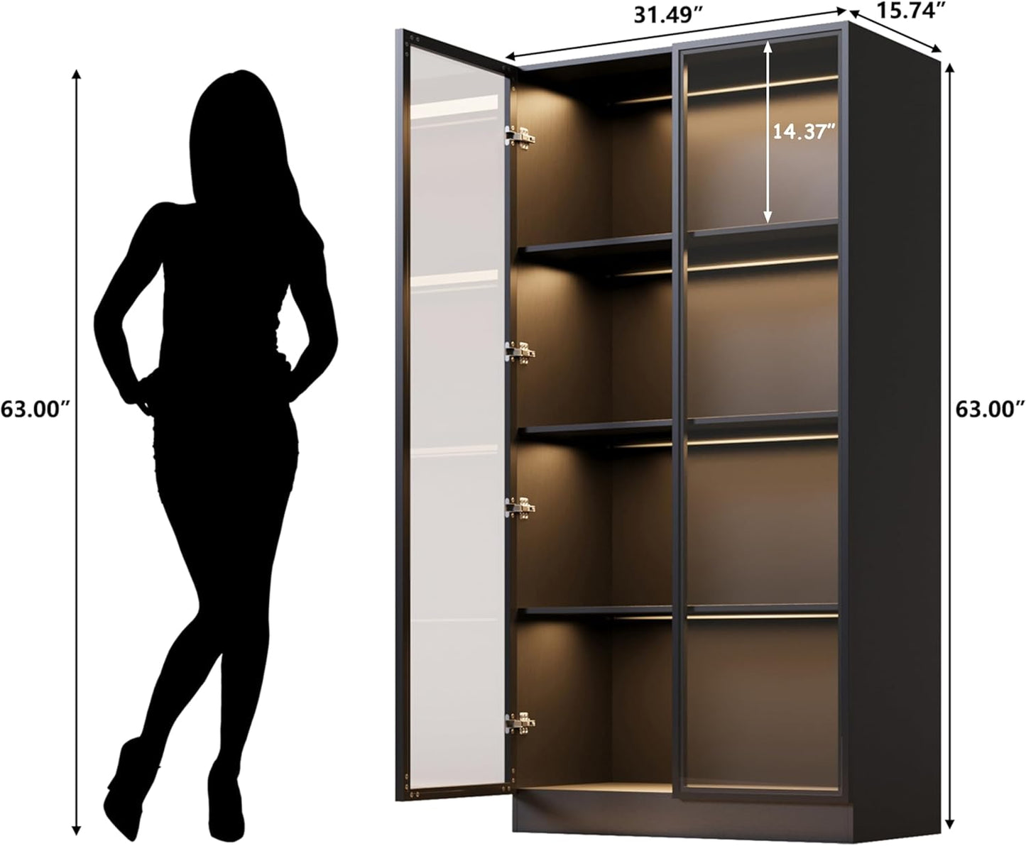 Wooden Display Storage Cabinet with Glass Door, LED Lights,Showcase for Collections, Perfume, Vinyl Albums, Bookcase for Home Office, Living Room, Clinic, Pantry (Black- 4 Layers)
