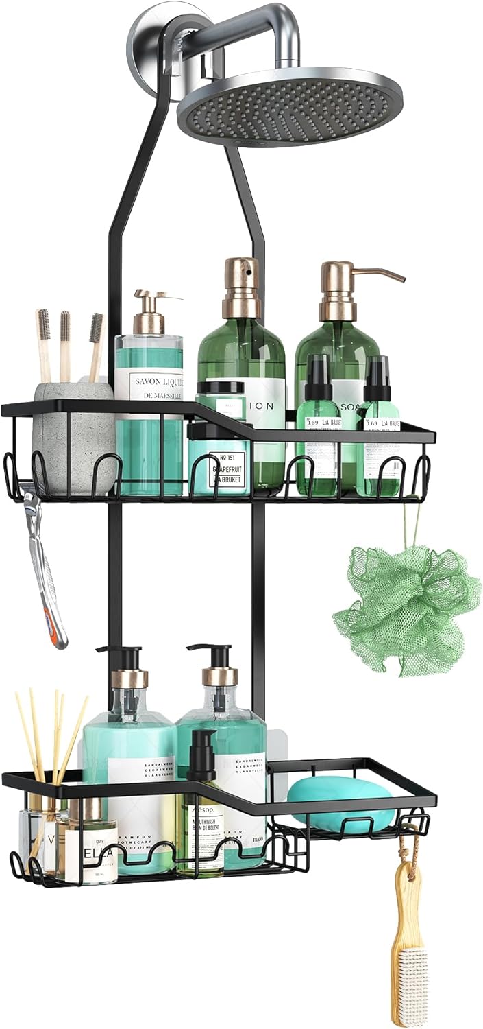 Shower Caddy Hanging,Rustproof Anti-Swing Shower Organizer,Hanging Bathroom Caddy,Bathroom Organizer with 18 Hooks for Razor/Sponge