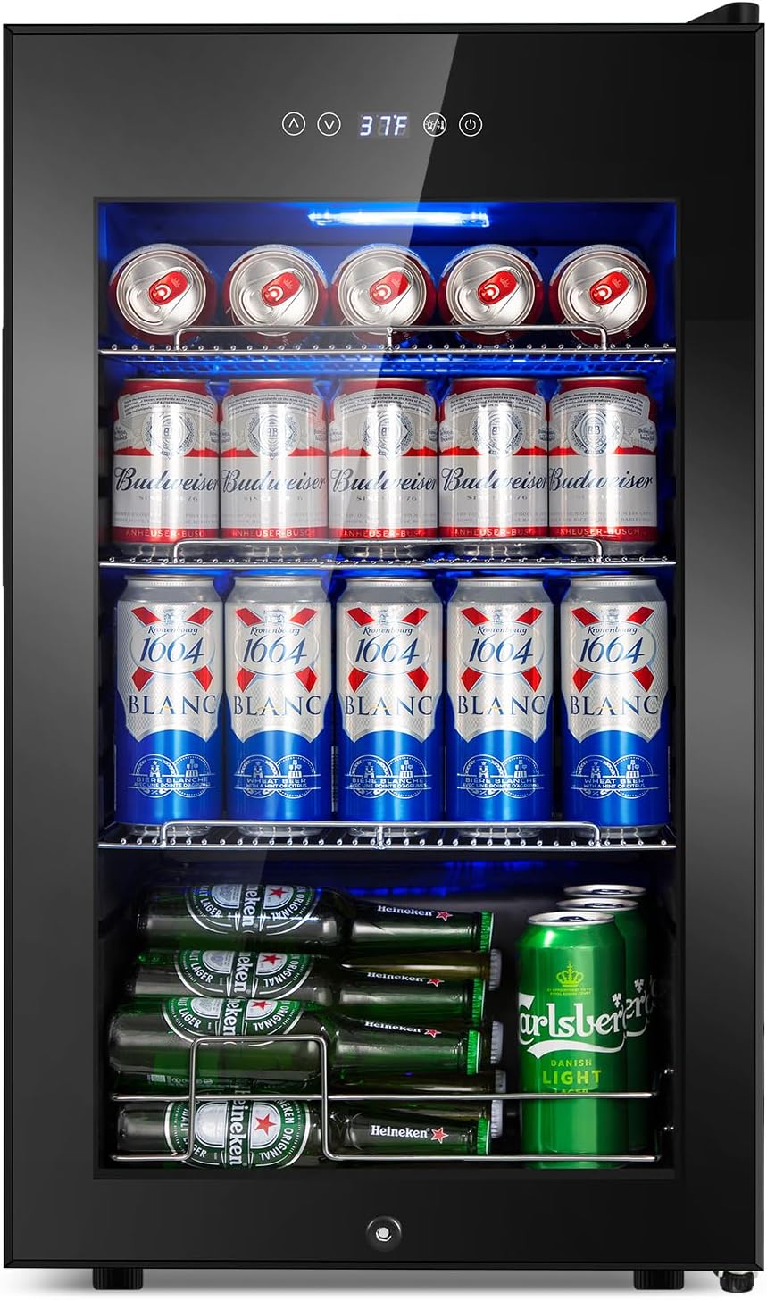 Beverage Refrigerator 17 inch Wide - 126 Can Beverage Cooler with Glass Door | Counter-Top/Freestanding Mini Beverage Beer Fridge | Temperature Memory | Invisible Door | Perfect for Soda,Beer