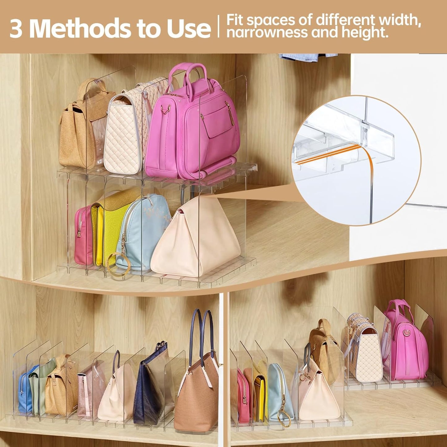 Purse Organizer for Closet, Stackable Handbag Storage Shelf, Adjustable Clear Shelf Dividers, Keep Clutch, Bag, Pocketbook Upright, for Bedroom