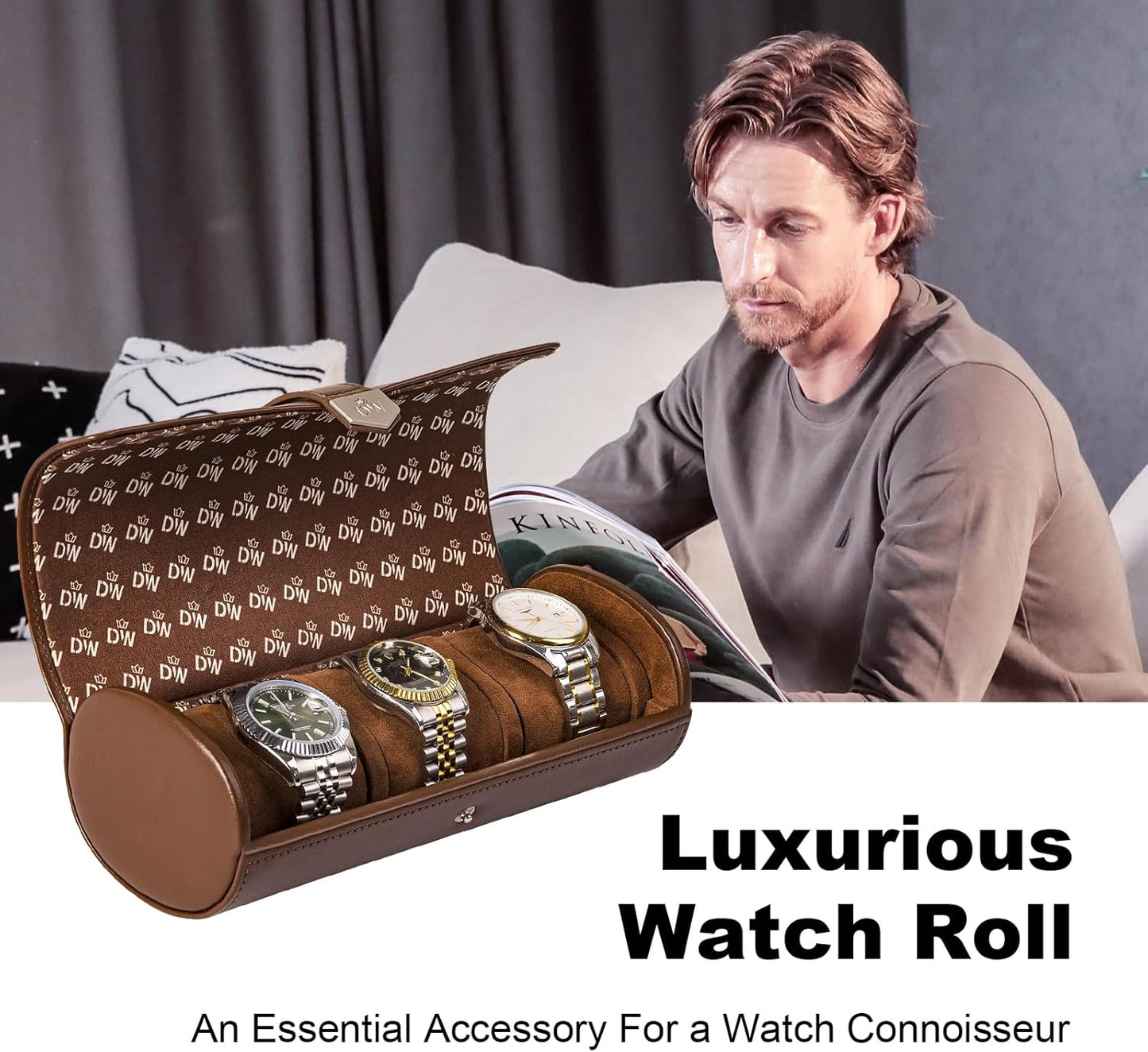 DUKWIN Watch Roll for 3 Watches, Vegan Leather Travel Watch Case Organizer with Removable Pillows for Men and Women,Display Case for Watches Collection and Gift for Anniversary Birthday(Brown Storage)