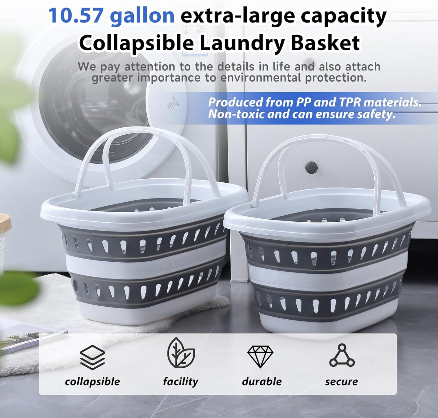 Monozuki Collapsible Plastic Laundry Basket 10.6 gallon(40L) 2pcs Eco-recycled material- Foldable Pop Up Storage Container/Organizer - Space Saving Hamper/Basket BPA Free