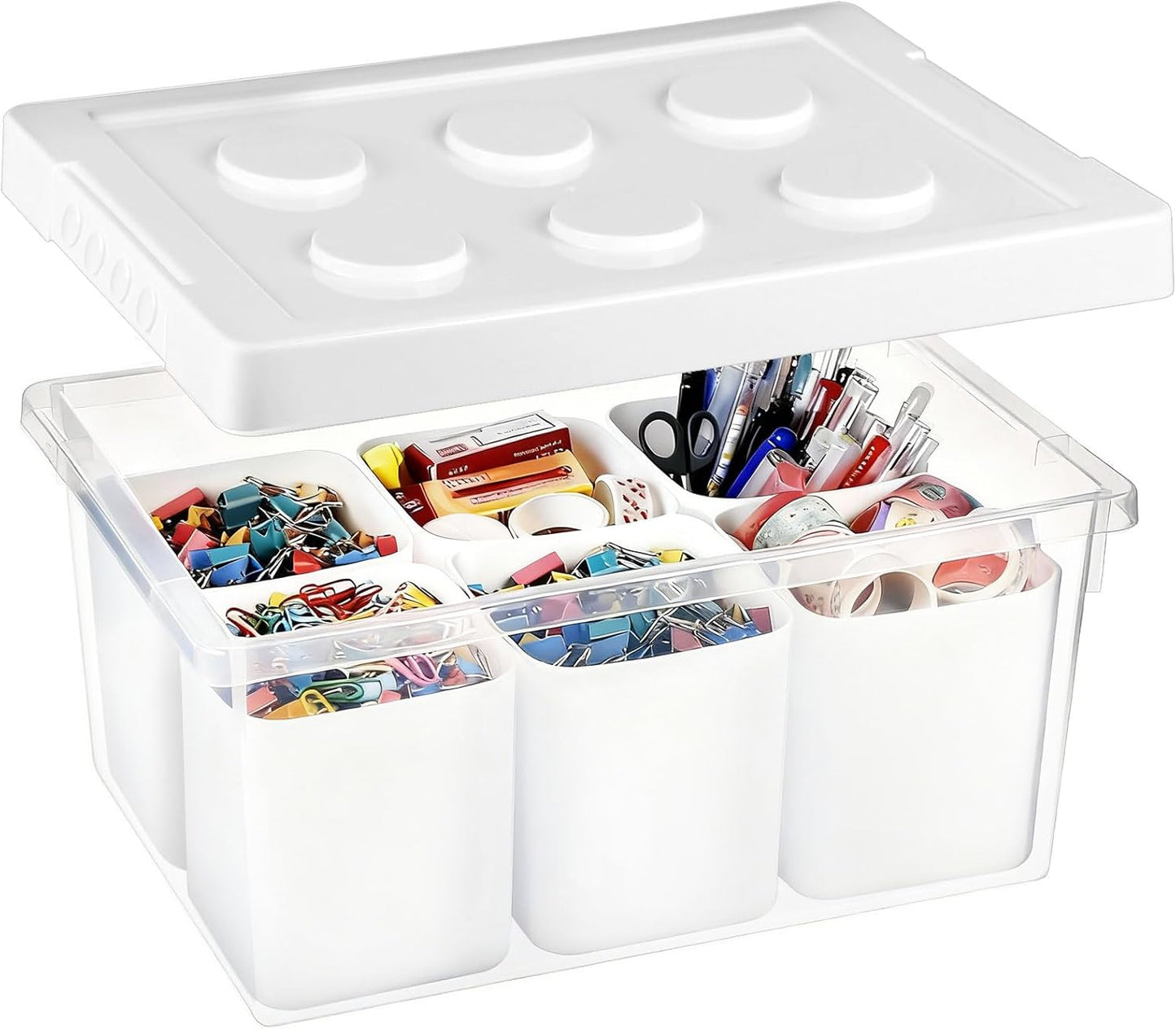 loobuu Plastic Storage Bins with Lids, Art Craft Supply Organizer Box with Brush Pot, Multipurpose Stackable Storage Containers for Organizing Tool, Craft, Crayon,Sewing(White)