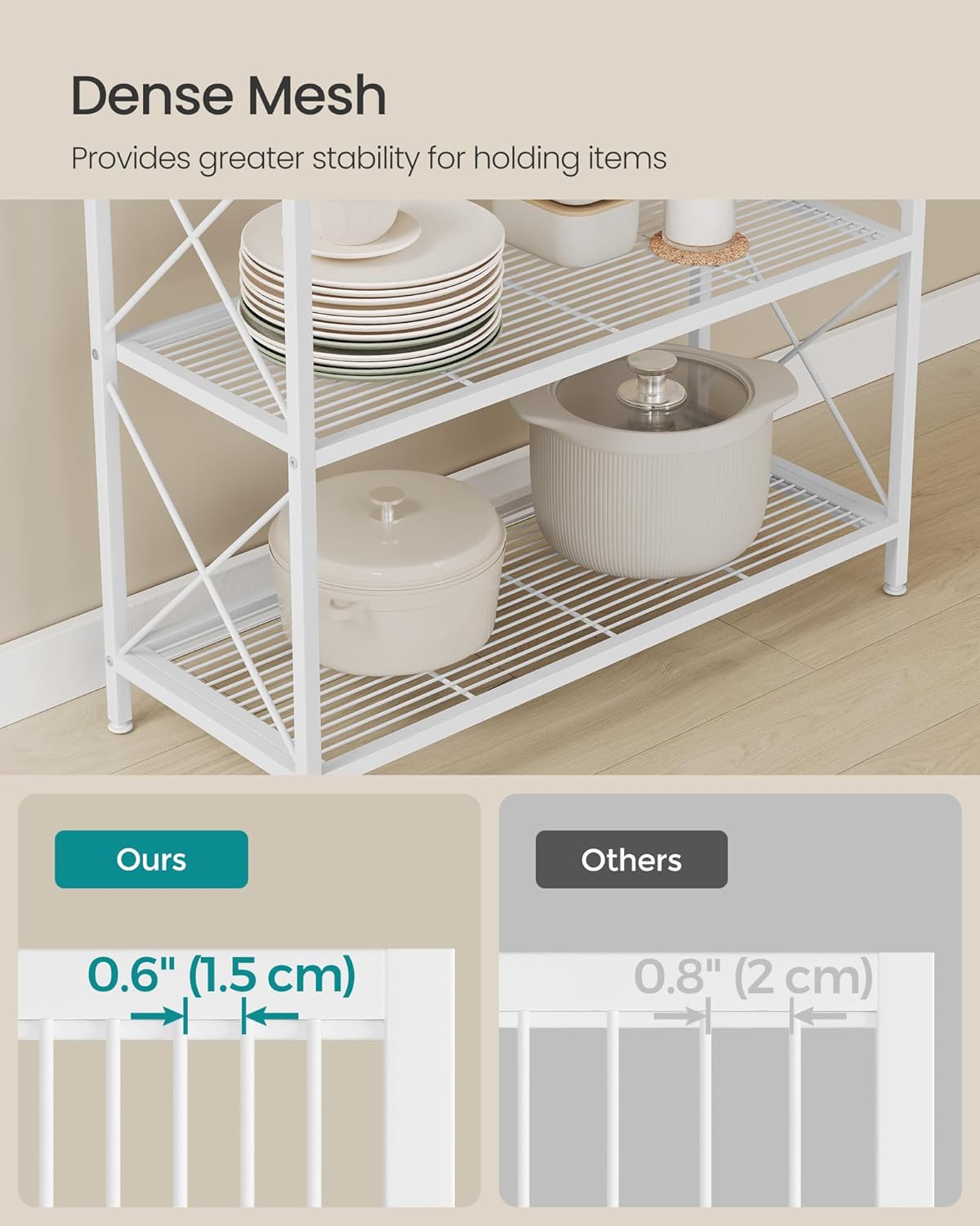 SONGMICS 5-Tier Metal Storage Rack, Shelving Unit with X Side Frames, Dense Mesh, 12.6 x 31.5 x 57.3 Inches, for Entryway, Kitchen, Living Room, Bathroom, Industrial Style, Cloud White UBSC185W01