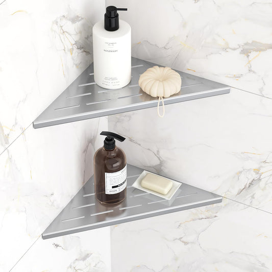 Corner Shower Shelves, 10” Recessed Tile Shower Shelf, 304 Stainless Steel Grout in Corner Tile Shower Shelves, No Drilling, Brushed Nickel, 2 Pack