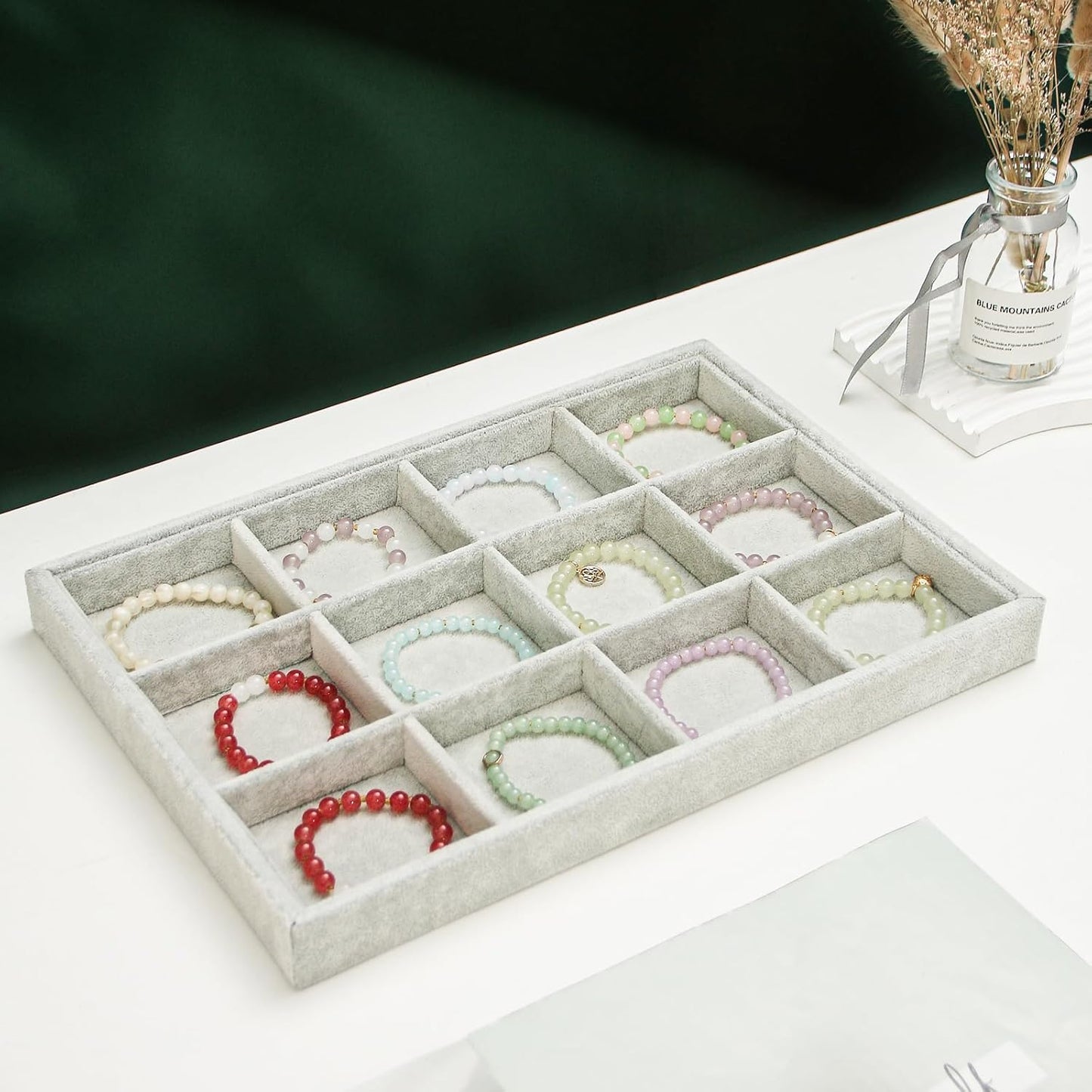 2pcs/Set Velvet Jewelry Tray, 12 Grids Large Storage Tray for Bracelet Bangle Beads Display, Jewellery Organizer Box Tray for Home Drawer or Shop Store Selling Show (Grey Velvet)