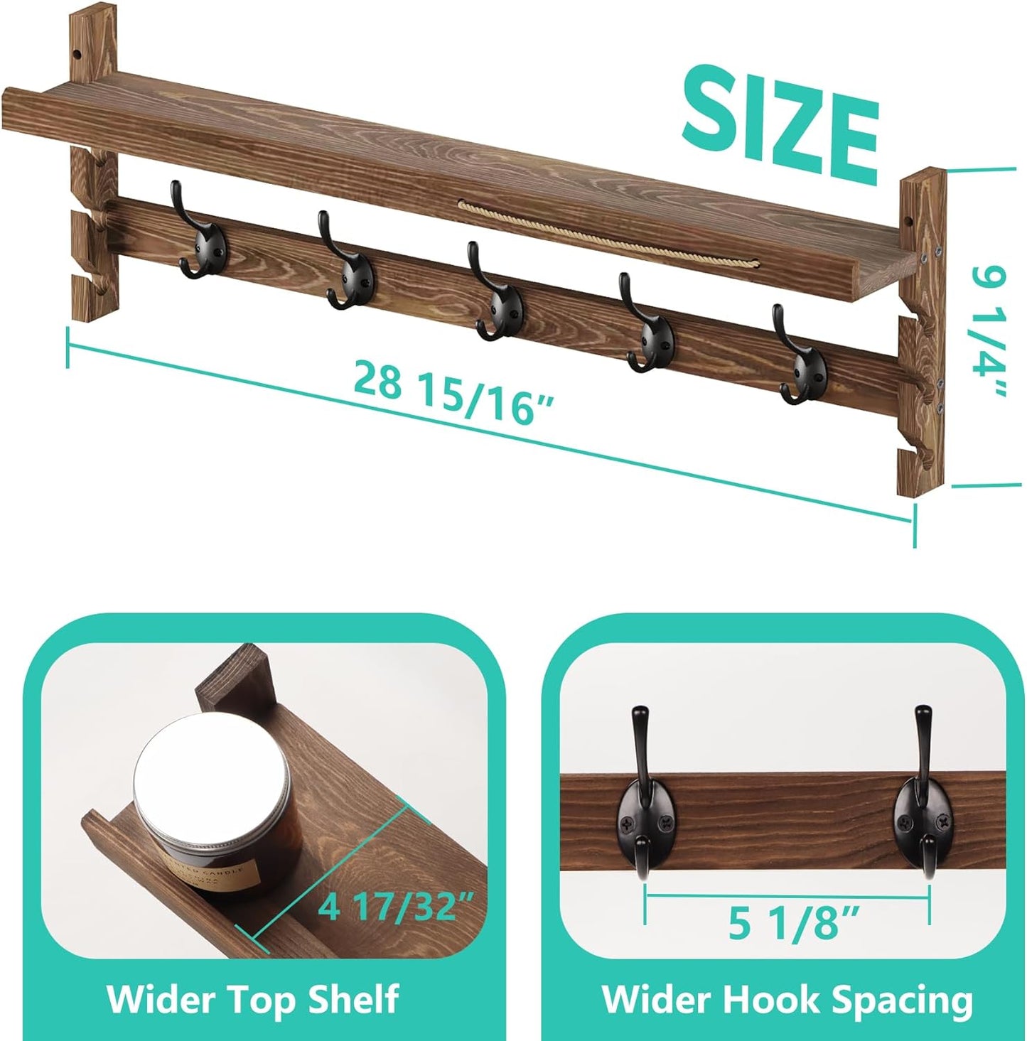 AMBIRD Wall Hooks with Shelf 28.9inch Entryway Wall Hanging Shelf, Wood Coat Hooks, Coat Rack Wall Mount Rack with 5 Dual Hooks, Glasses Organizer and Hat Organizer