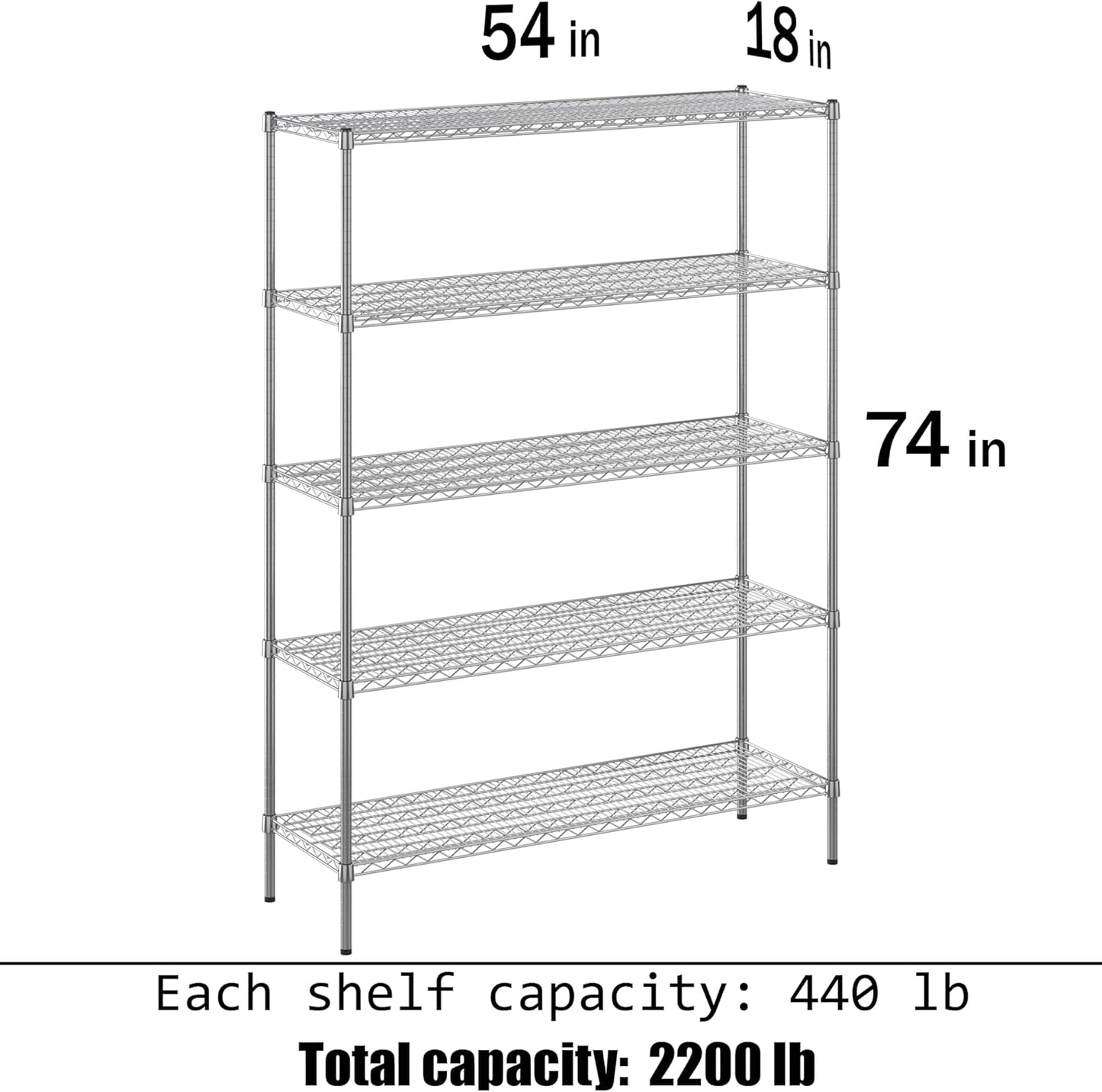 18" Deep x 54" Wide x 74" Height Wire Shelving Kit | 5-Tier | NSF Commercial Storage Rack Unit