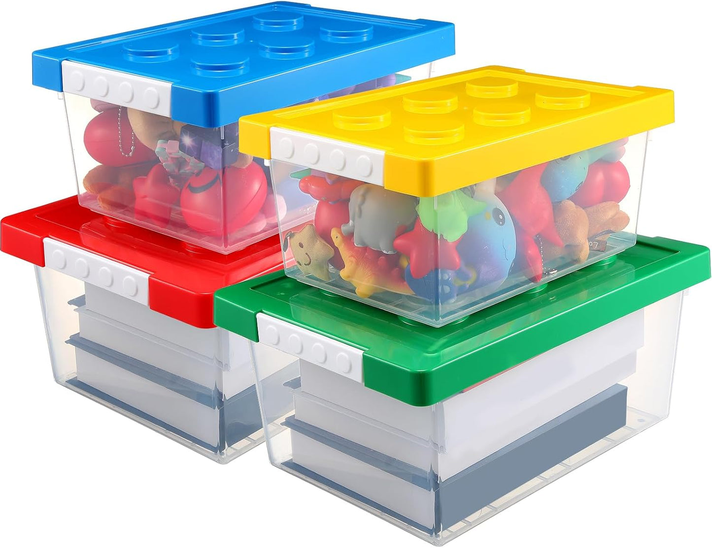 Vicenpal 4 Pack Toy Storage Containers with Lids Brick Shaped Kids Toy Organizer Box Plastic Clear Stackable Bin Chest for Building Block Dolls(Large, Small,Red, Yellow, Blue, Green)