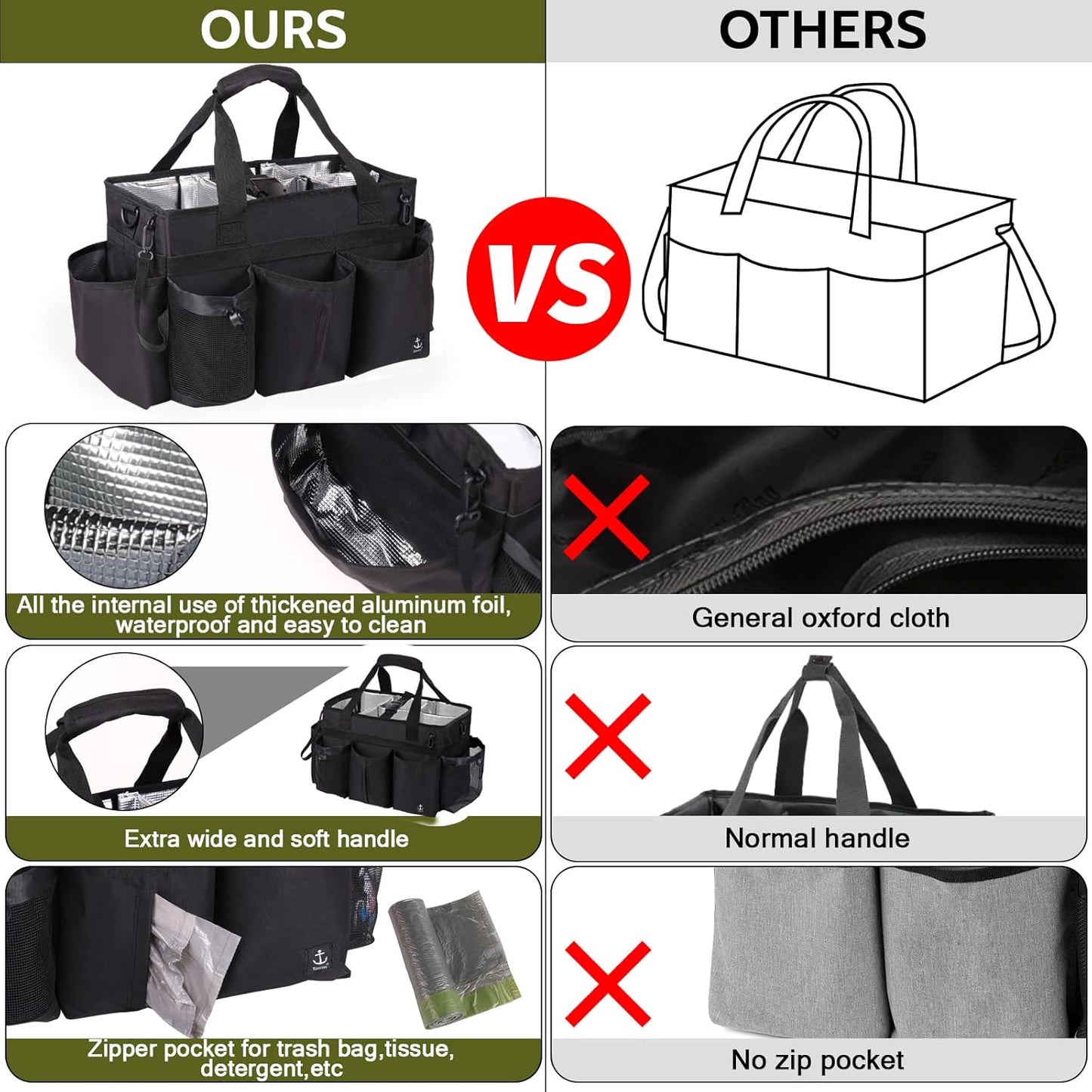 Large Wearable Cleaning Caddy Bag with Detachable Divider, Cleaning Organizer with Handles, Cleaning Supply Tote with Adjustable Shoulder Strap&Waist Belt for Cleaners & Housekeeper (Black)