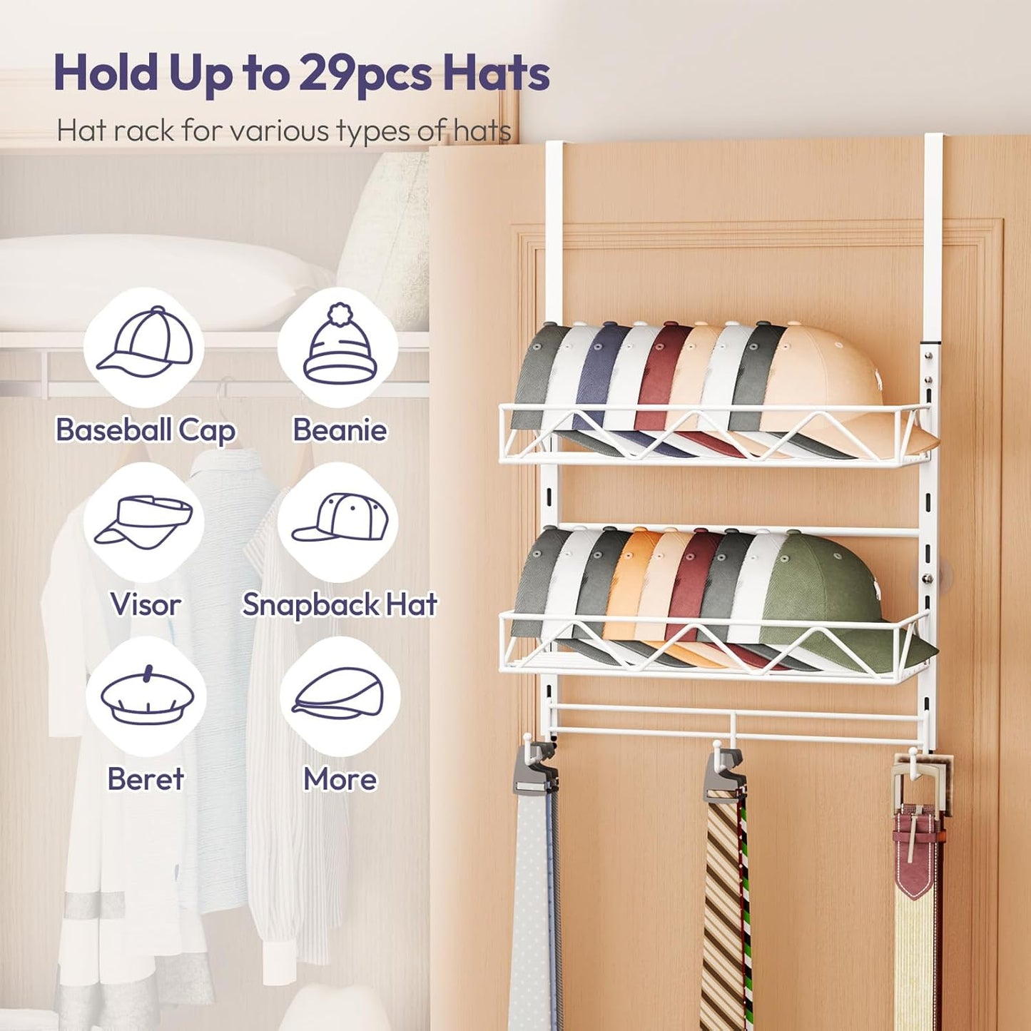 SWTYMIKI Over Door Hat Organizer - 3 Tier Wall Mounted Hat Rack with 2 Adjustable Metal Basket and 3 Hooks, Hanging Baseball Cap Organizer Storage Holds up to 29 Caps for Door, Bedroom, Closet