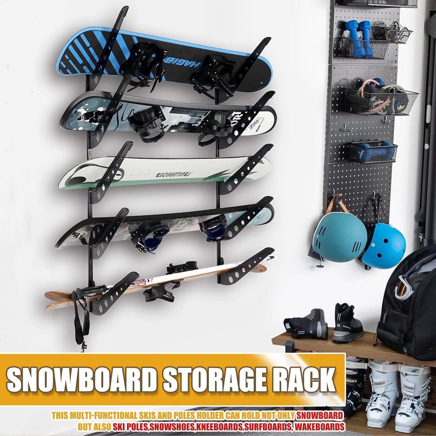 Snowboard Wall Racks, Adjustable Storage Rack for Ski, Surfboard, Wakeboard, Snowboard Wall Mount Display, White/Black