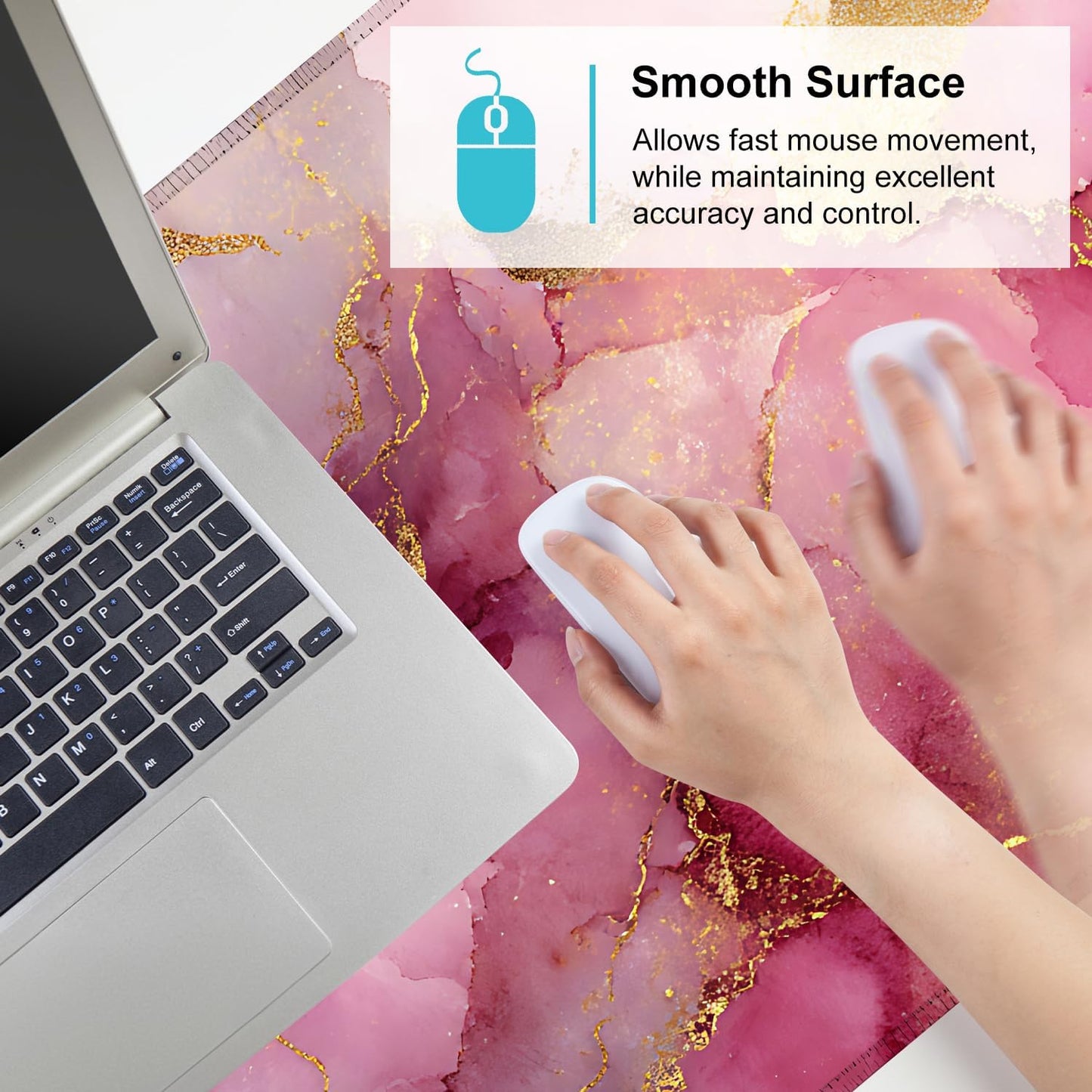 Pink Marble Ink Mouse Pad – Large Extended Desk Mat 35.43 x 15.75 in – Elegant Watercolor Gold Foil Design, Waterproof Surface, Non-Slip Rubber Base, Keyboard & Mouse Pad for Office or Gaming