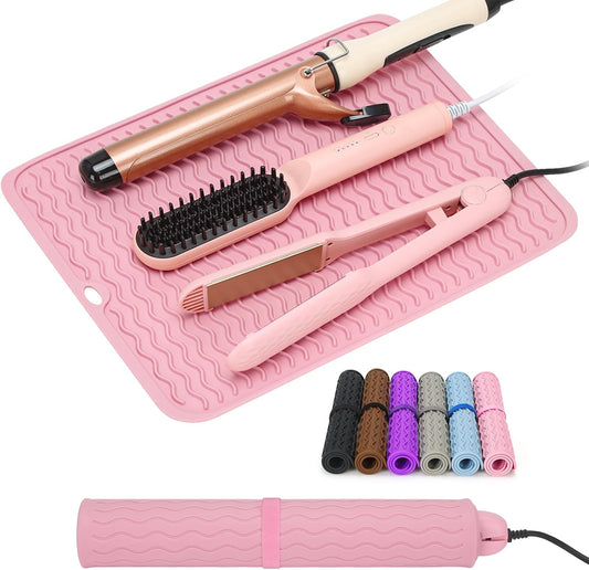 Oversize Silicone Heat Resistant Mat for Curling Irons, Hair Straighteners, Flat Irons and Hot Hair Styling Tools, Portable Wrap Pad Cover for Vanity, Travel, Salon(14.2" x 11.0")