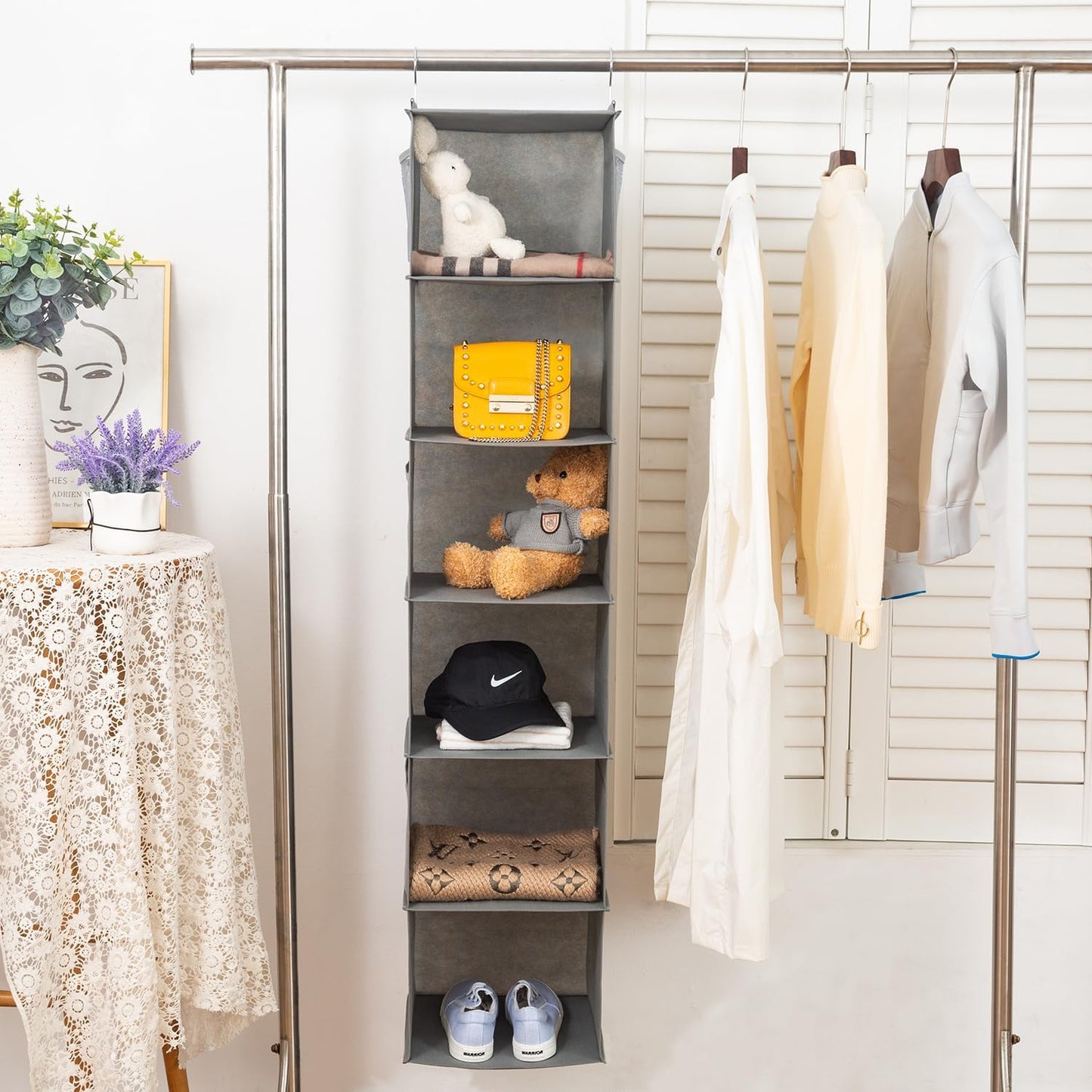 6 Shelves Hanging Closet Organizer, 2 Pack Hanging Storage with 4 Side Pockets for Clothes Shoes, 43.5"x12"x12"(Grey)