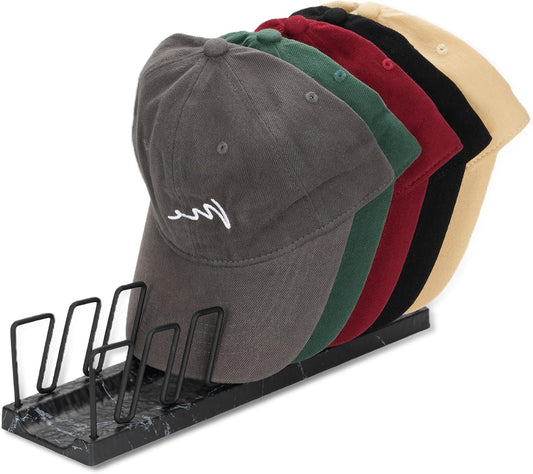 Hat Organizer for Baseball Caps - 7 Cap Organizer & Holder, Anti-Tip Metal Hat Rack & Display Stand, Quick-Install Hat Storage for Closet, Bedroom, Vanity (Black Marble Pattern, 1 Pack)