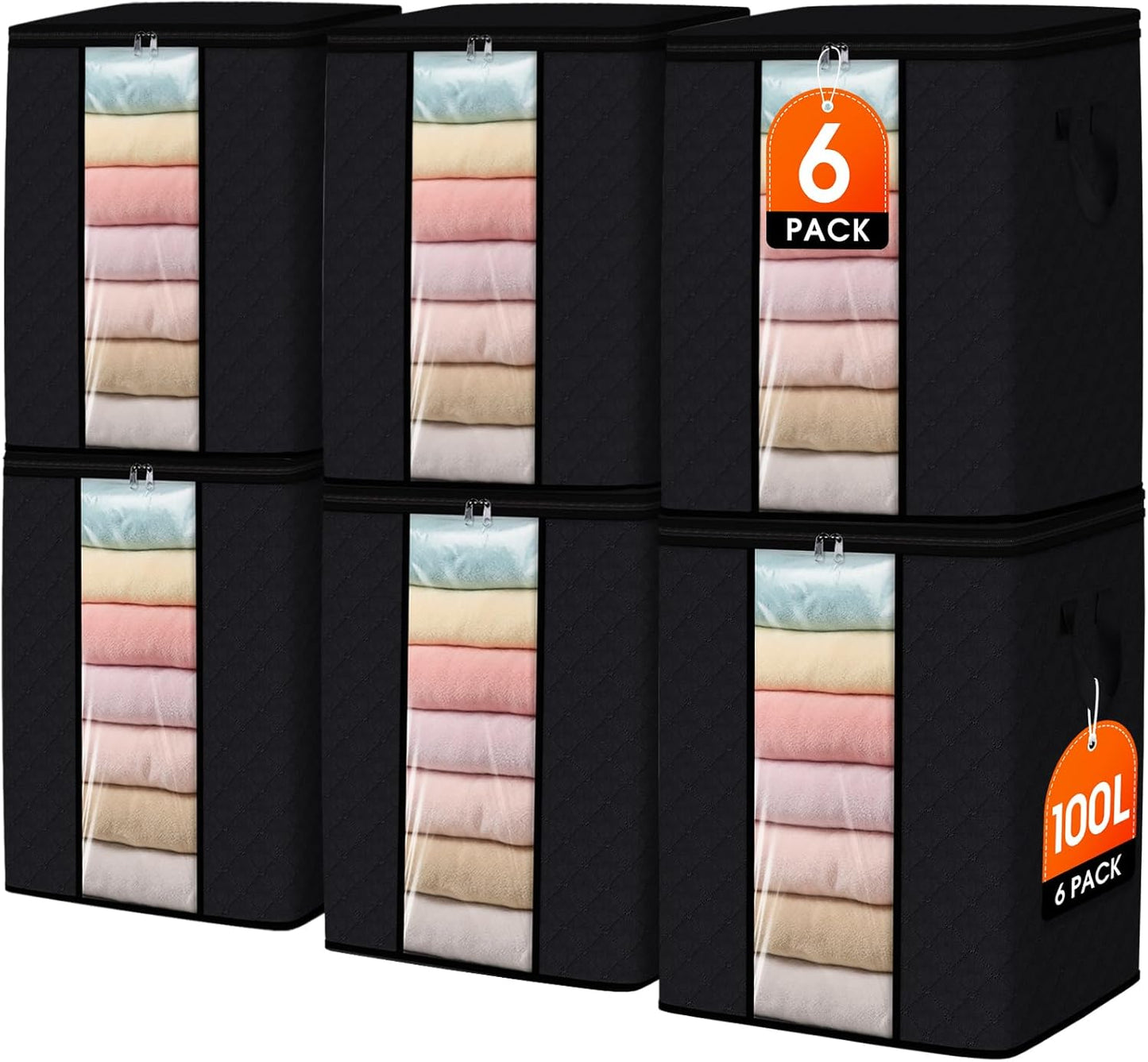 SpaceWhisper 6 Pack 100L Clothes Storage, Foldable Thick Fabric Blanket Storage Bags, Containers for Organizing Bedroom, Closet, Clothing, Comforter,Closet Organization with Handle,Black