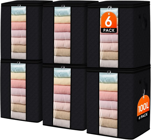 SpaceWhisper 6 Pack 100L Clothes Storage, Foldable Thick Fabric Blanket Storage Bags, Containers for Organizing Bedroom, Closet, Clothing, Comforter,Closet Organization with Handle,Black