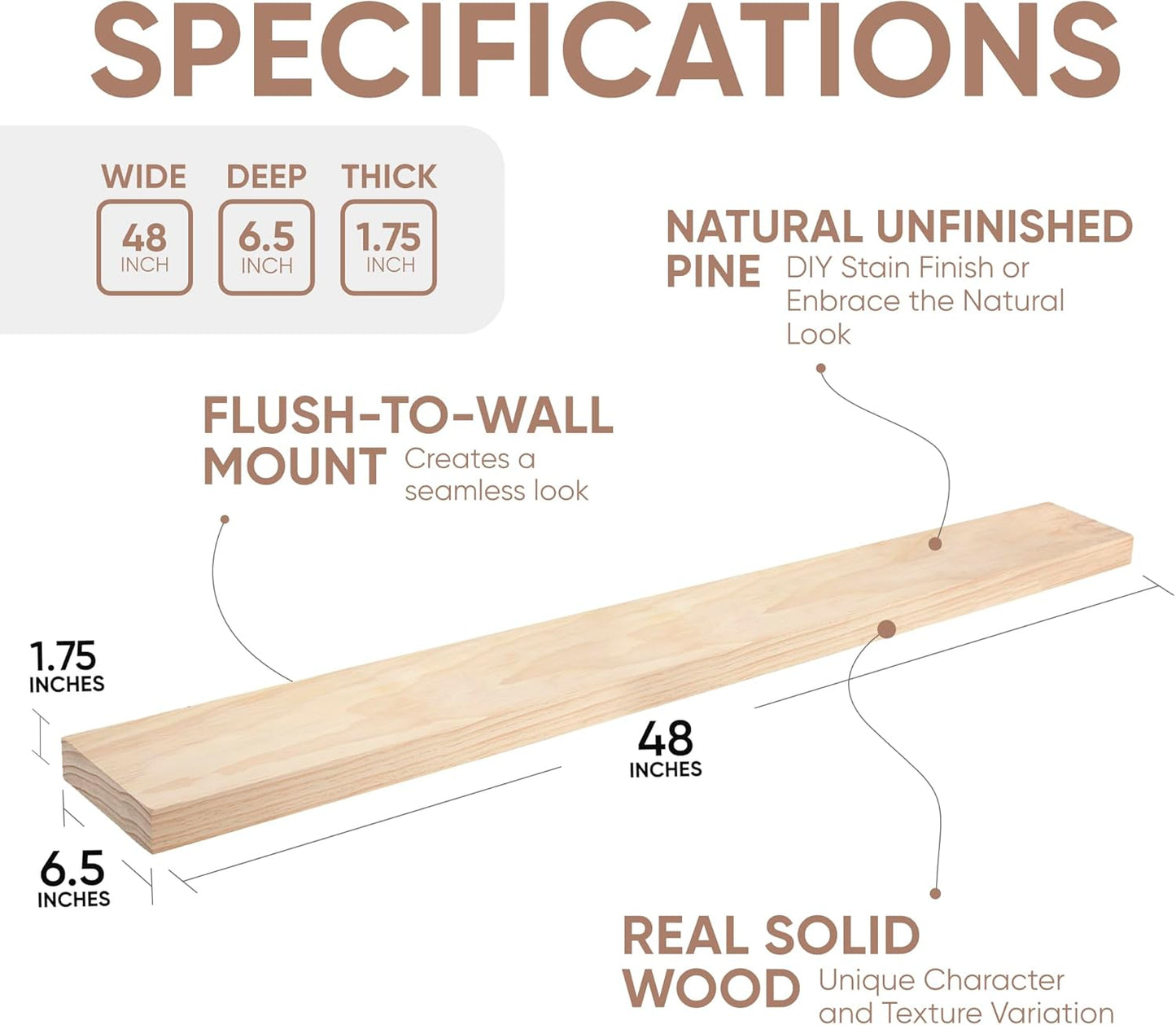 Homeforia Wood 48 inch Floating Shelf, High End Solid Natural Wood 48inch Floating Shelves for Wall Mounted, Unfinished Wooden Large Floating Shelves, Heavy Duty Bracket, 48 X 6.5 X 1.75 in, Set of 3