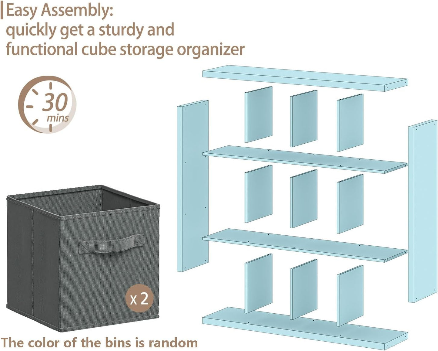 furtble Bookshelf with Storage Bin, 12-Cube Storage Organizer, Modern Wood Open Bookcase, Multifunctional Display Shelf for Living Room, Bedroom, Home Office, Black