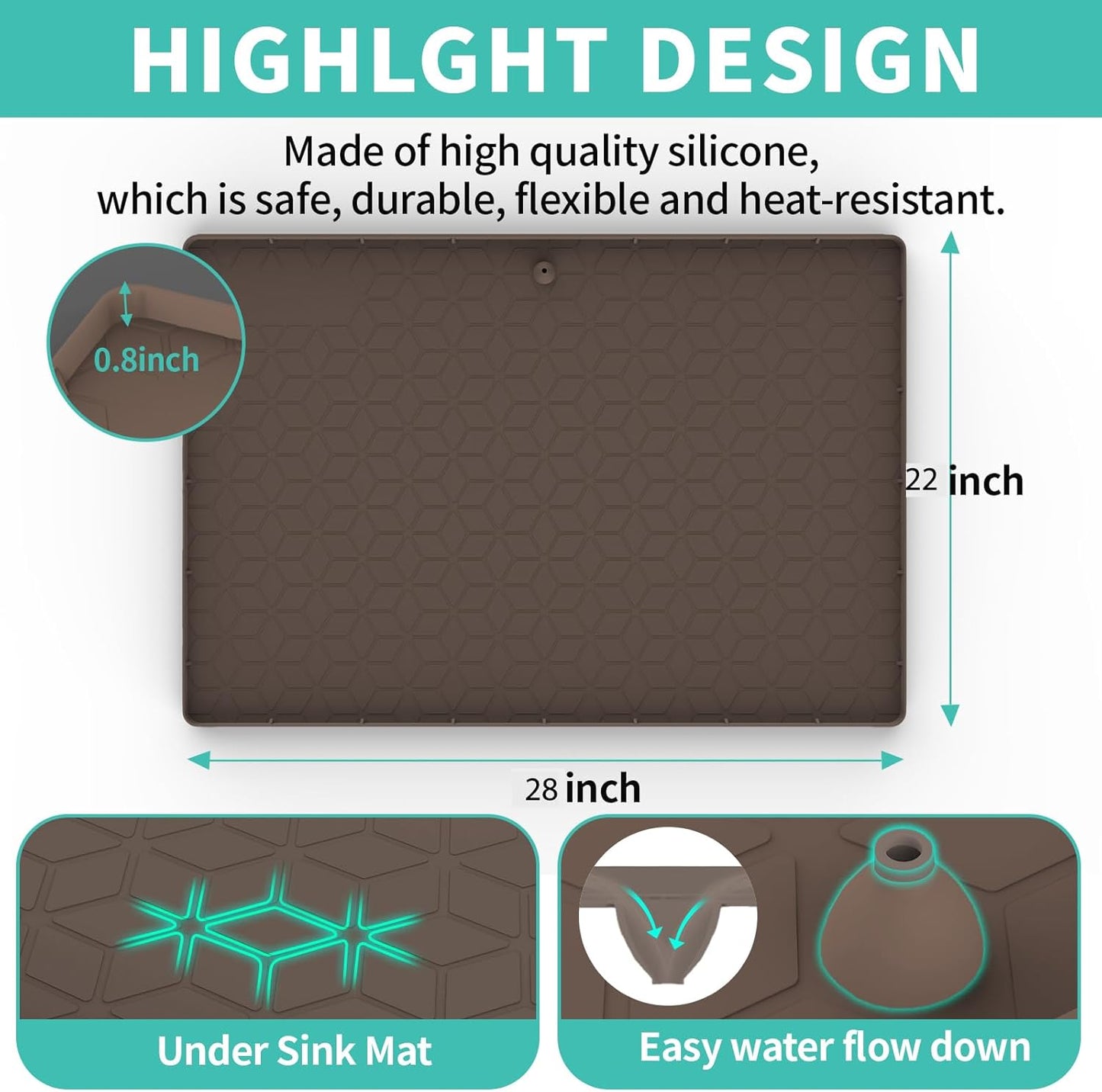 Under Sink Mat, 28"x22" Under Sink Mats for Kitchen, Silicone Waterproof Under Sink Liner, Sink Cabinet Organizer Tray with Drain Hole