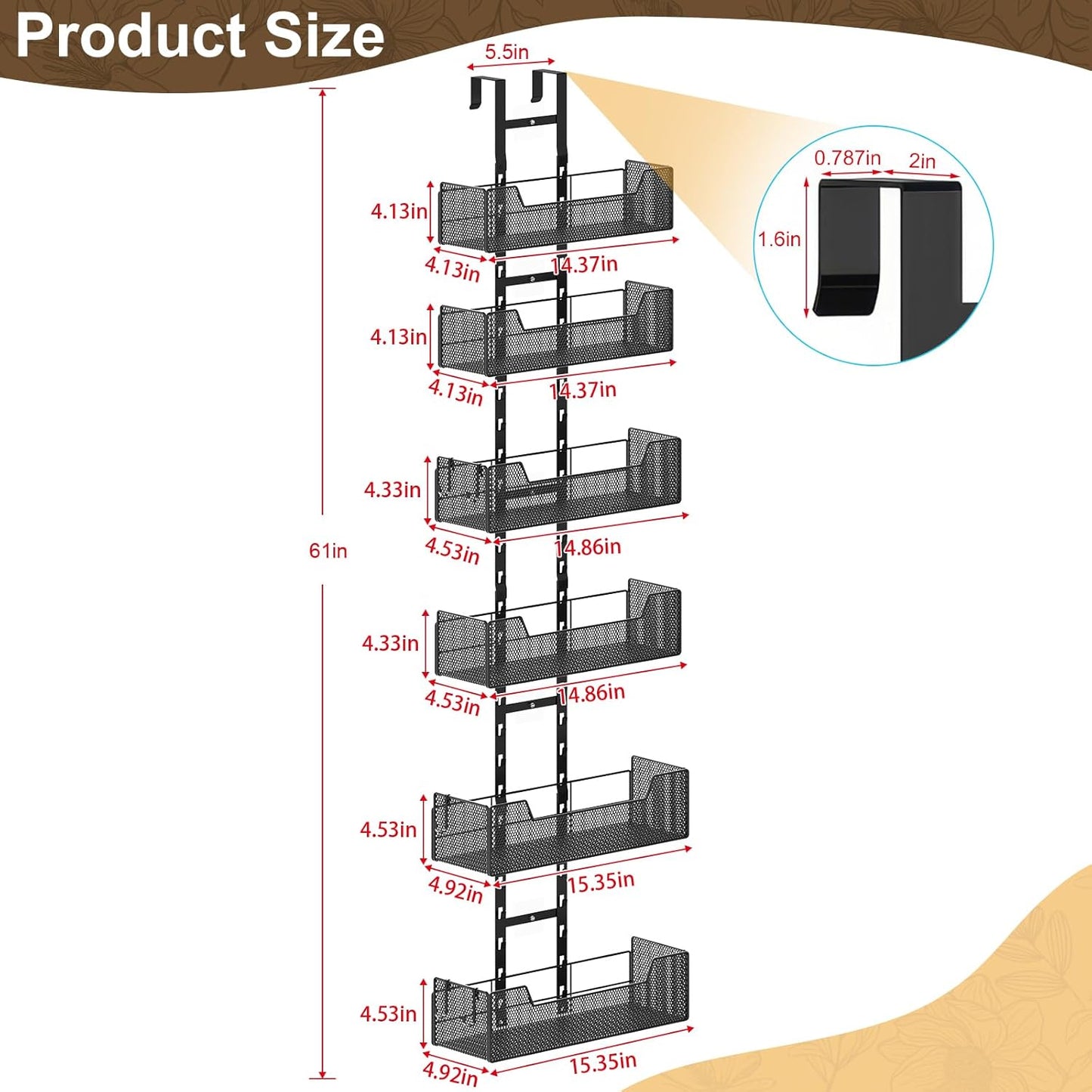 Over The Door Organizer, Metal Hanging Door Organizer with 6 Adjustable Baskets and 5 Hooks, Behind The Door Storage for Closet Cabinet Kitchen Bathroom Bedroom Pantry Organizer, Black