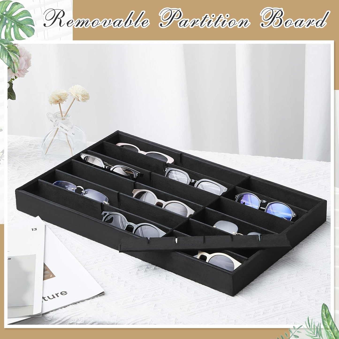 Amylove 2 Pcs Sunglass Organizer Trays Glasses Stackable Jewelry Trays Sunglass Organizer Display Box (18 Grids,Black)