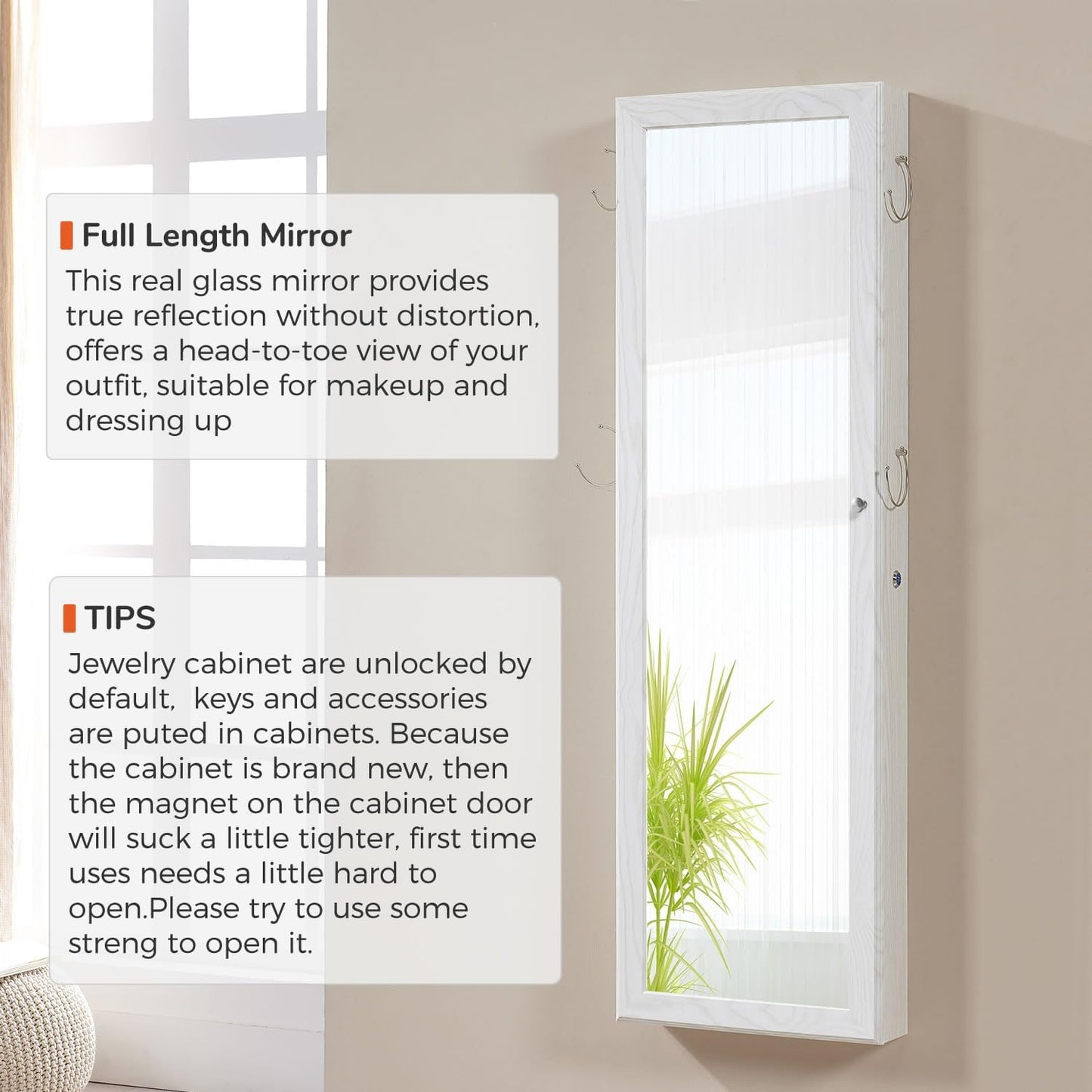GISSAR Jewelry Mirror Armoire Wall Mount Over The Door Cabinet Storage Organizer Lockable Full Length Door Mirror(White)