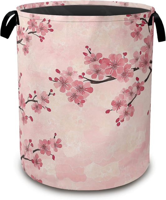 Laundry Hamper,Pink Flower Laundry Basket,Cherry Blossom Waterproof Oxford Cloth Storage Basket with Handle for Clothes Books Nursery Home Storage Sundries 16"x20"
