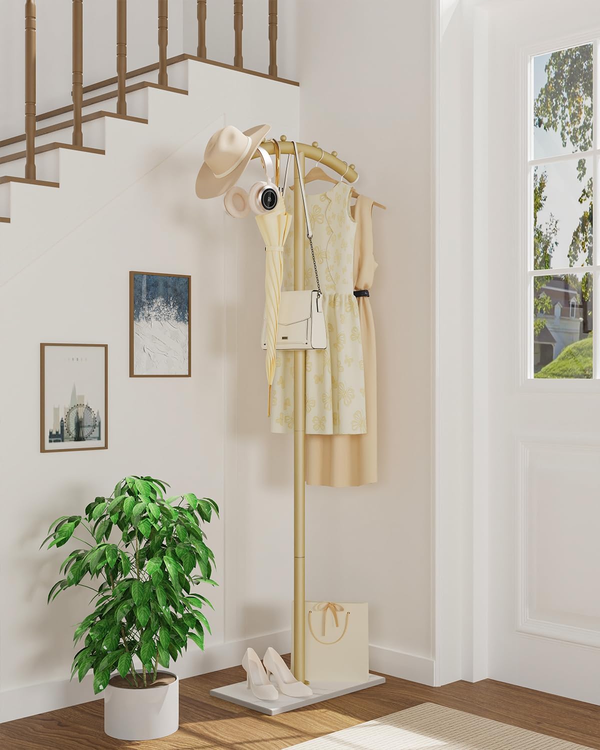 Arcuate Garment Rack, T-shaped Coat Tree Freestanding, Metal Coat Racks, Natural Stable Rock Base, Suitable For Entrances, Corridors, Halls, 68.9in, Gold