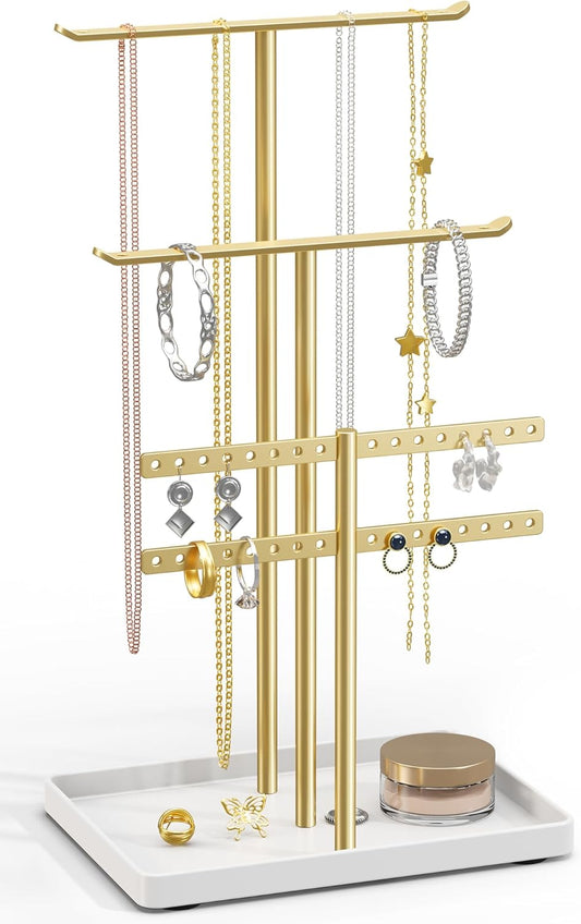 Jewelry Stand Organizer for Necklace Earring - 14.5" Sturdy Metal, 3-TierJewelry Holder for Bracelet, Ring Display and Storage, Gold