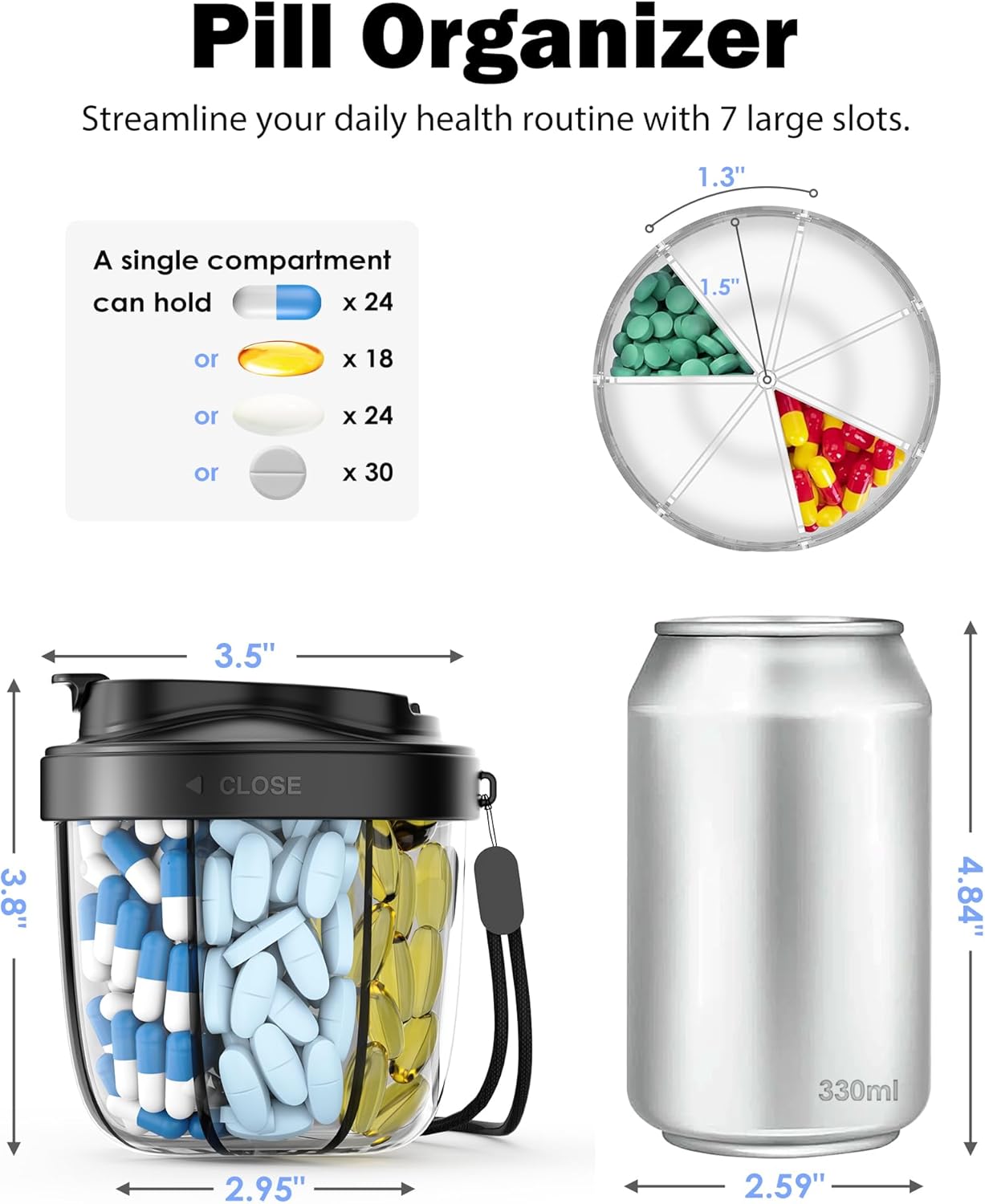 Cute Pill Organizer,Pill Dispenser with 7 Large Compartments,Portable Pill Bottle Box with Wide Opening for Easy Use, Anti-Mix Pills Organizer for Travel,Includes 20 Pcs Sticky Labels(Black)