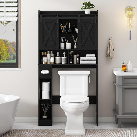 Vabches Over The Toilet Storage Cabinet, Farmhouse Storage Cabinet Over Toilet with Sliding Doors & Toilet Paper Holder Stand，Home Space-Saving Toilet Rack, for Bathroom, Laundry and Restroom.Black