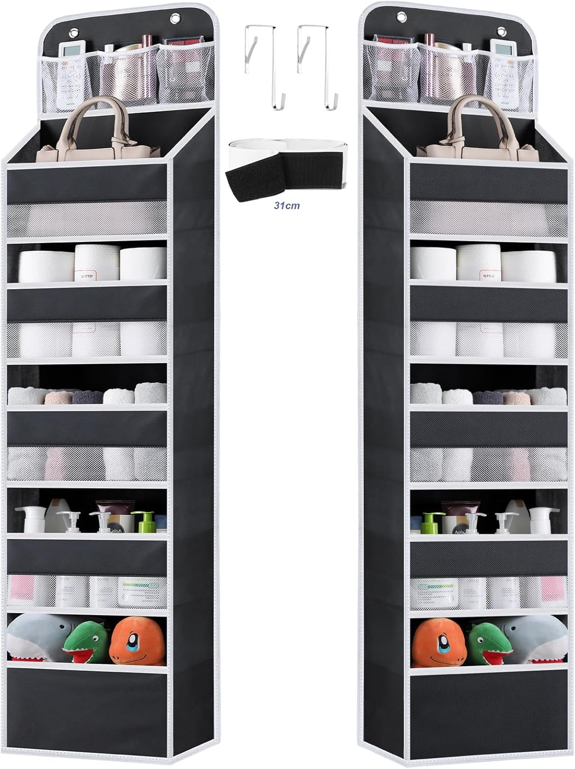 Over the Door Organizer Storage - 5 Tier Hanging Storage shelves Door Organizer with Pockets, Anti Tilt 44 lb Load Behind Door Organizer for Bedroom,Nursery,Bathroom,Kitchen,Dorm,Shoe - 1 Pack, Black