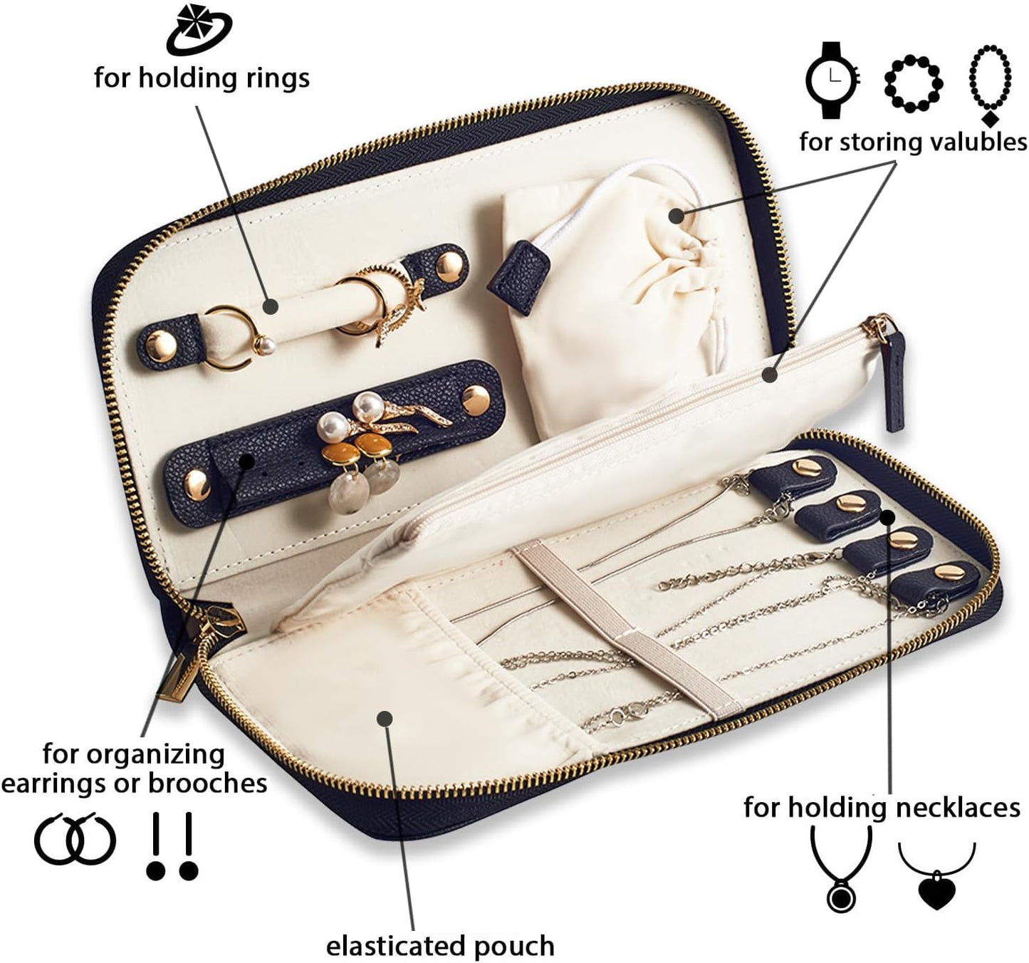 Travel Jewelry Organizer Case - for Tangle-Free Necklaces, Earrings, Rings, Bracelets Storage, Travel Essentials, Fashion Portable Jewelry Travel bags for Women - Medium Black